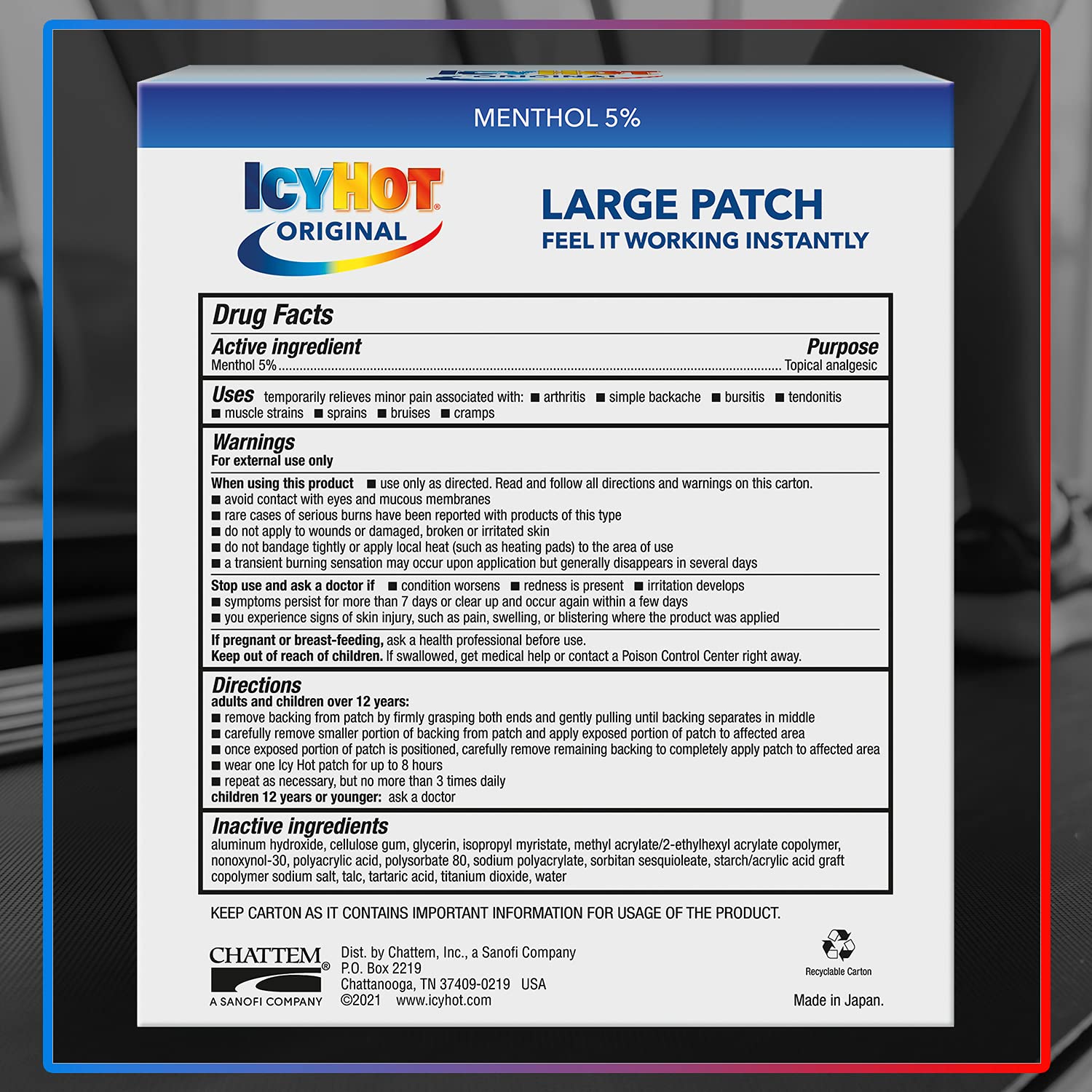 Icy Hot Original Pain Relief Patch, Large Size Comfortable Fabric Patches with Menthol 5%, Ice and Heat Contrast Therapy for Backaches, Joints, Muscle Strains and Arthritis, 5 ct. Icy HotAu supplements