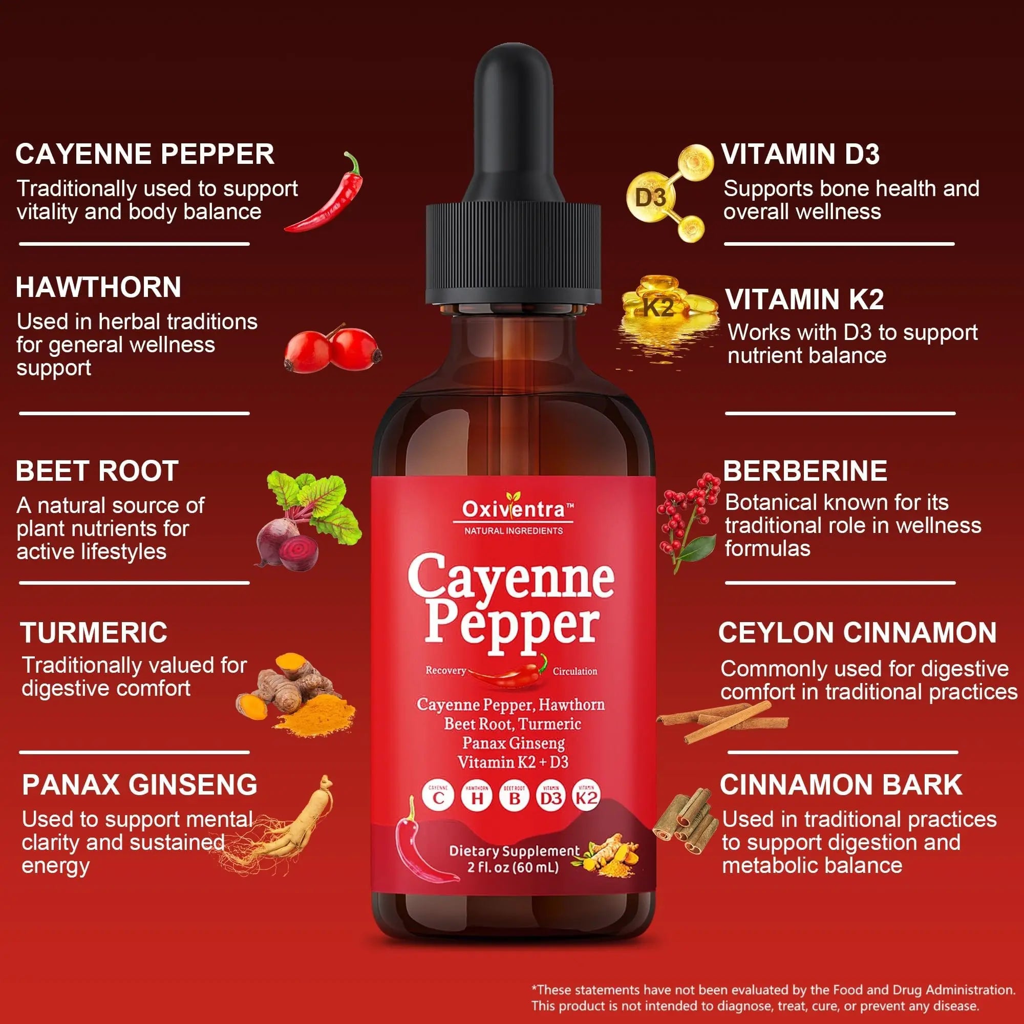 Cayenne Pepper Drops Liquid Supplement Smooth & Sweet Herbal Liquid + Hawthorn Berry, Vitamin D3 K2 Beet Root Powder, Ceylon Cinnamon, Turmeric Curcumin, Organic Panax Ginseng - 2fl oz Oxiventranz supplements