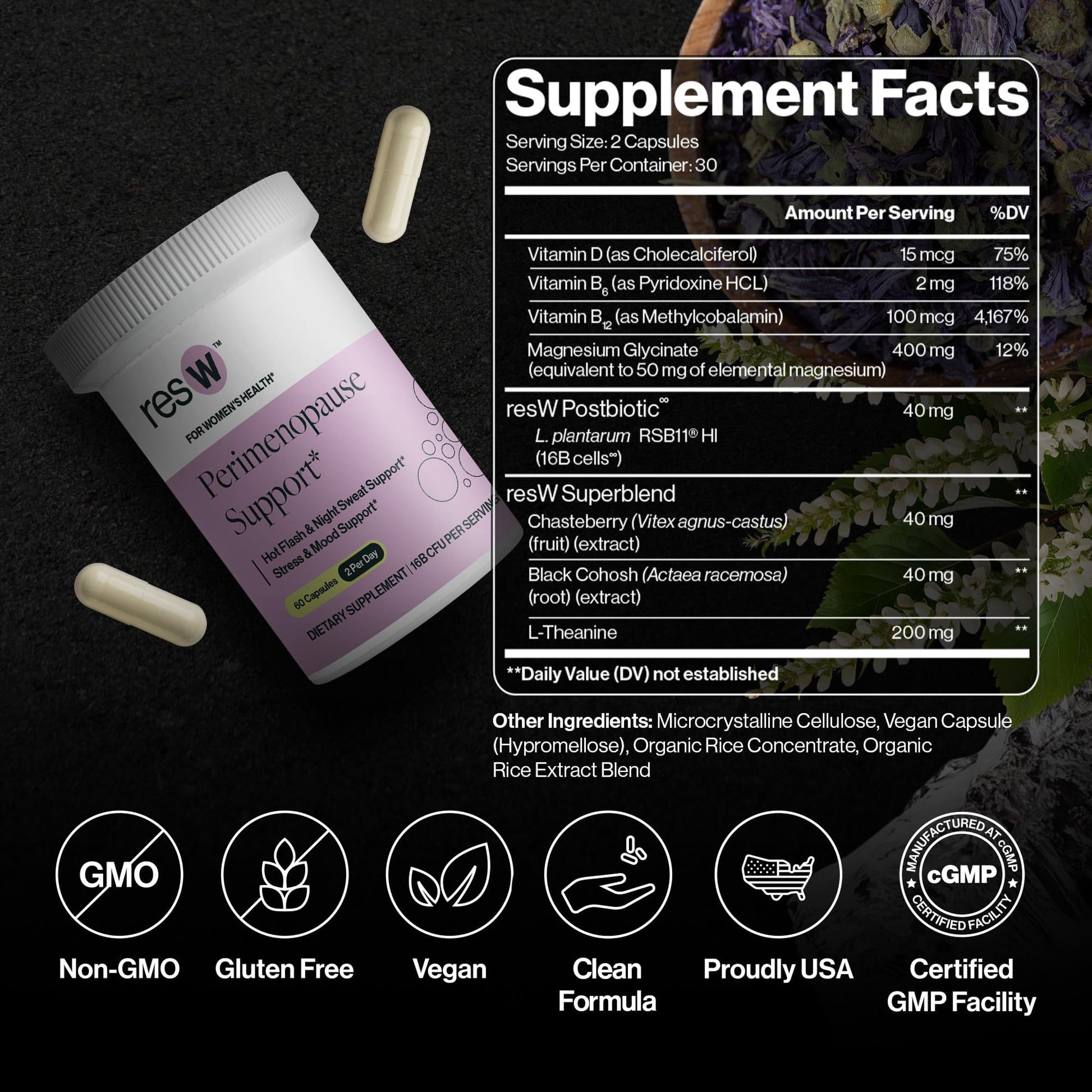 resW Perimenopause Postbiotic Supplement for Women - Hot Flash Support, Night Sweat Relief, Hormone Free, Vegan, Gluten Free, Non GMO, Plant Based Gut Health Support - 60 Capsules ResBioticAu supplements