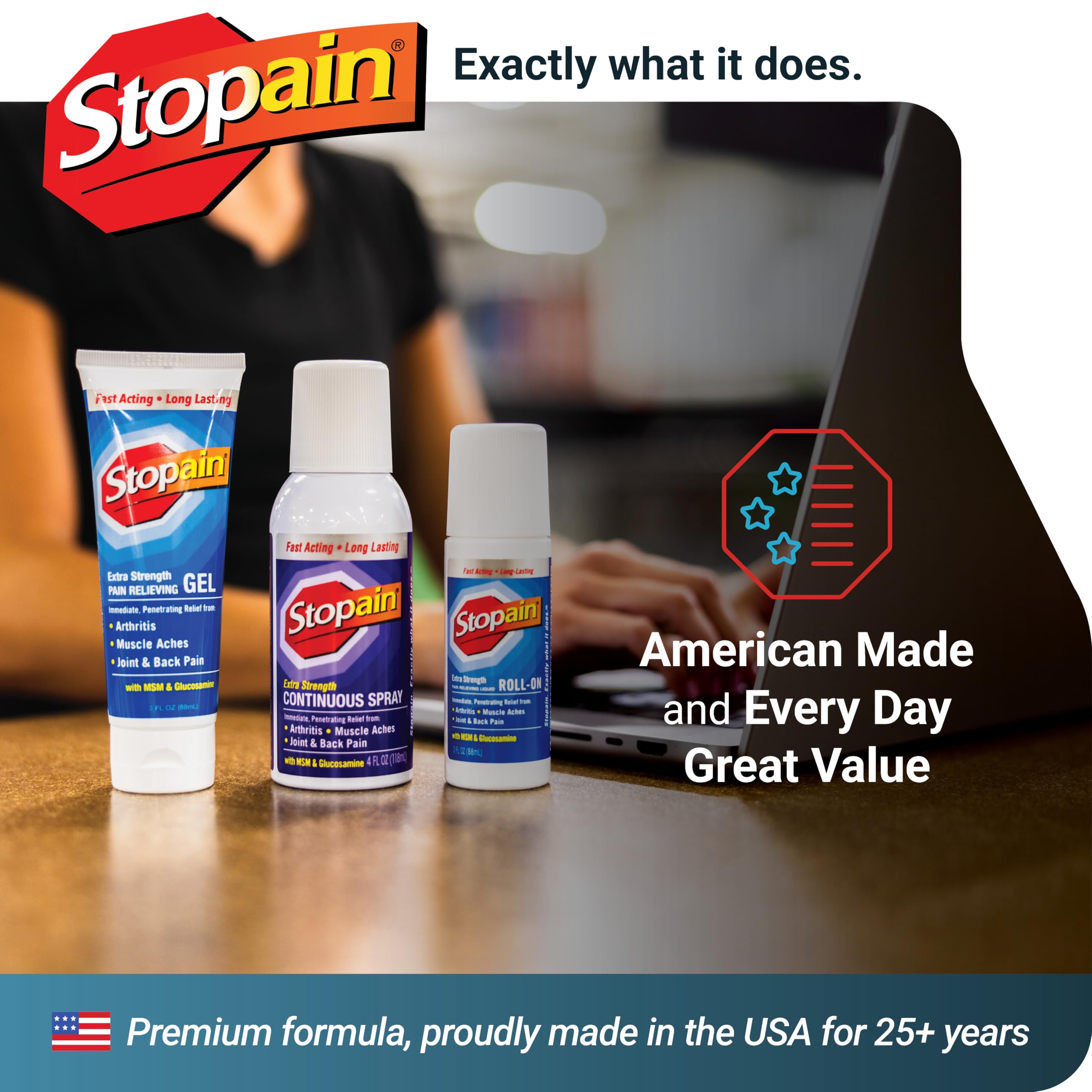 Stopain Pain Relief Combo Set (Gel, Roll On, Spray) USA Made, Max Strength Fast Acting with MSM, Glucosamine, Menthol for Lower Back, Knee, Neck HSA FSA Topical Analgesic Products StopainAu supplements
