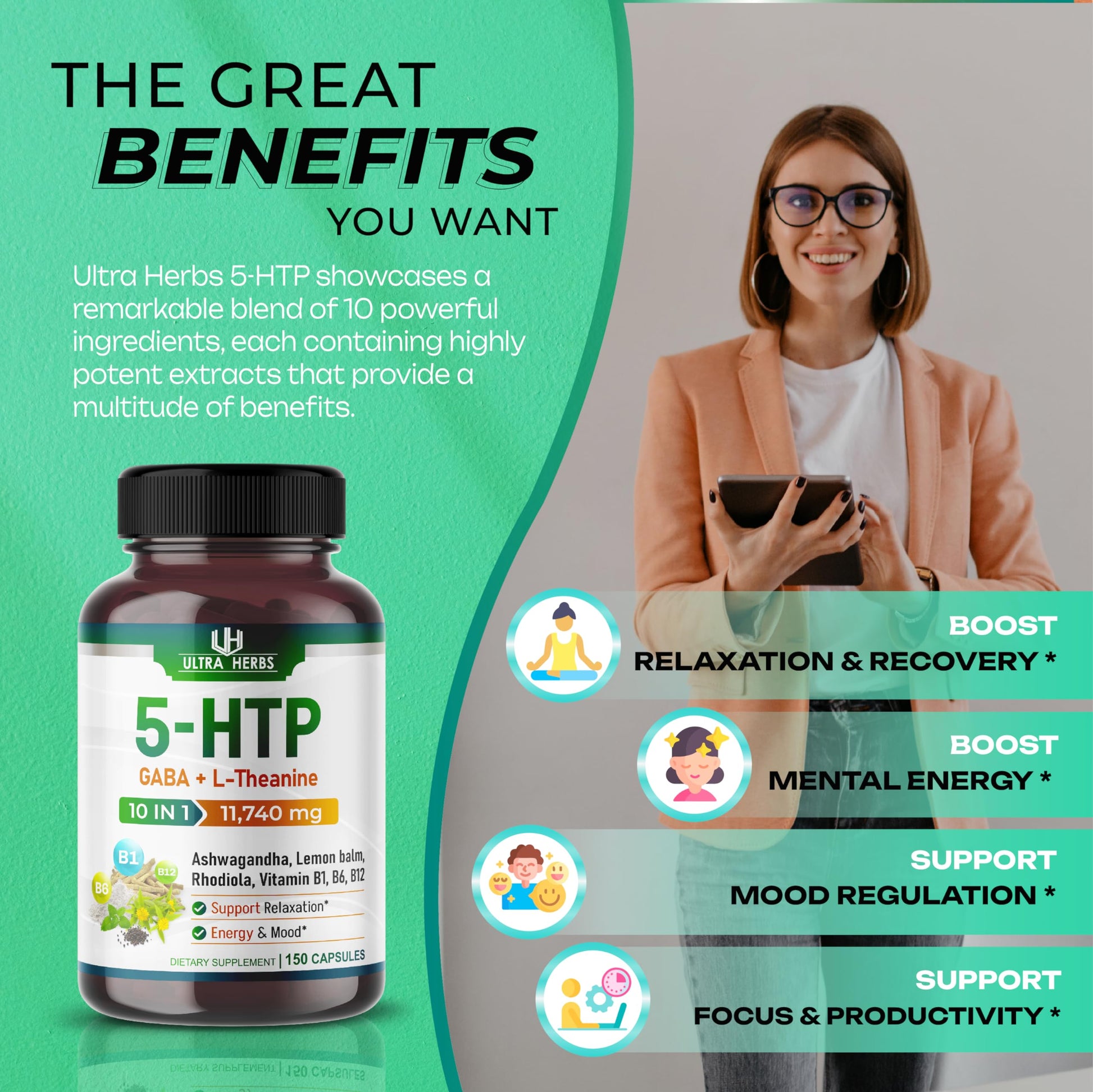 5-HTP Supplement 11,740mg 10 in 1 with GABA, L-Theanine, Ashwagandha, Rhodiola ULTRA HERBSAu supplements