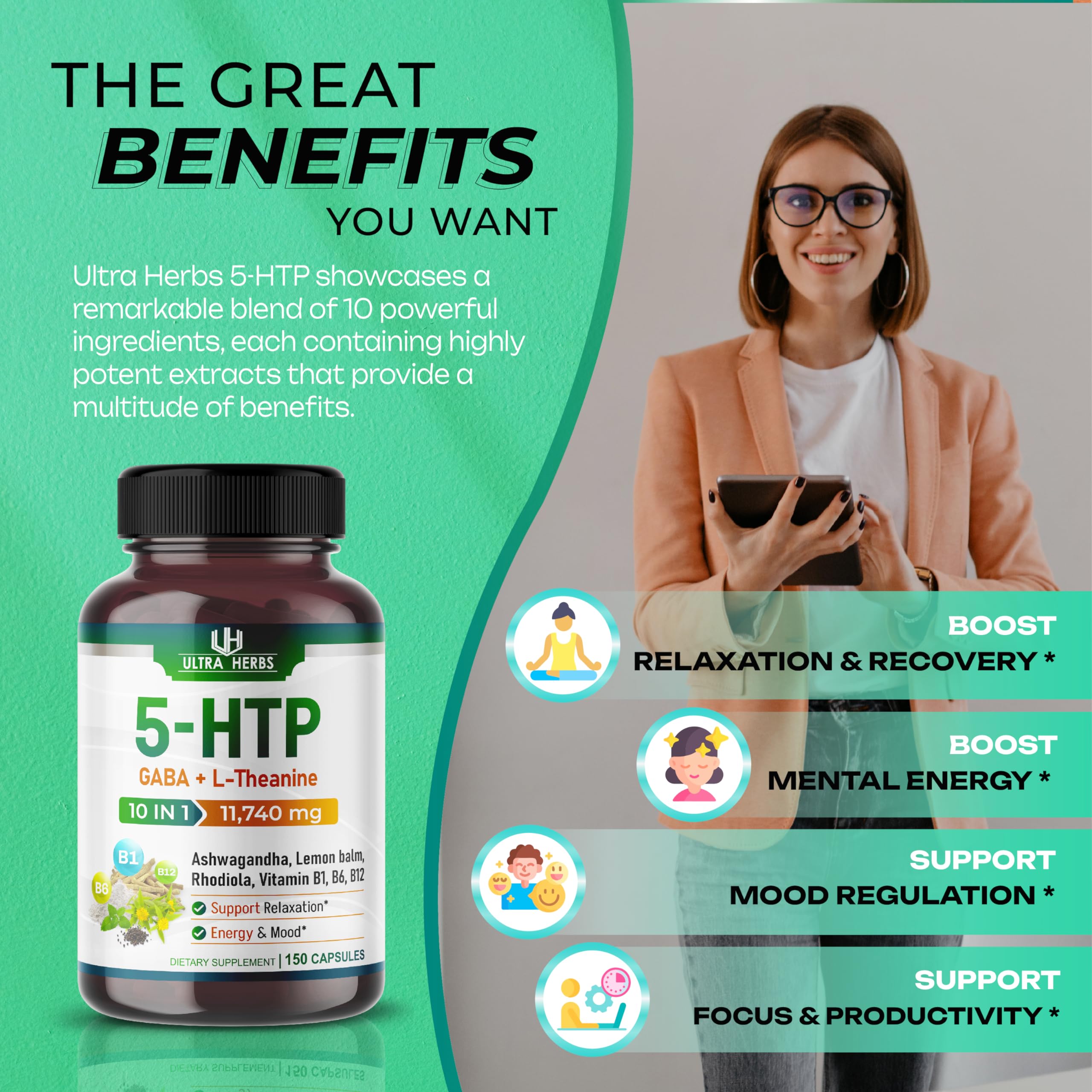 5-HTP Supplement 11,740mg 10 in 1 with GABA, L-Theanine, Ashwagandha, Rhodiola ULTRA HERBSAu supplements