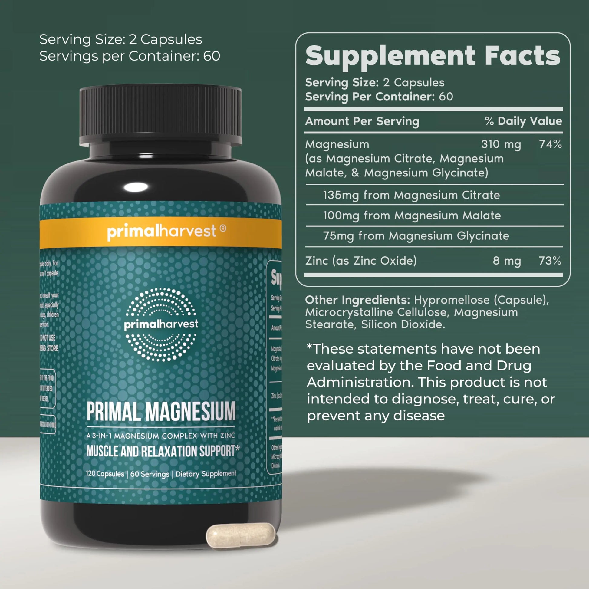 Primal Harvest Magnesium Supplement Complex 310mg by Primal Harvest with Magnesium Glycinate, Citrate, Malate, and Zinc 2 Pack, 240 Capsules Primal Harvestnz supplements