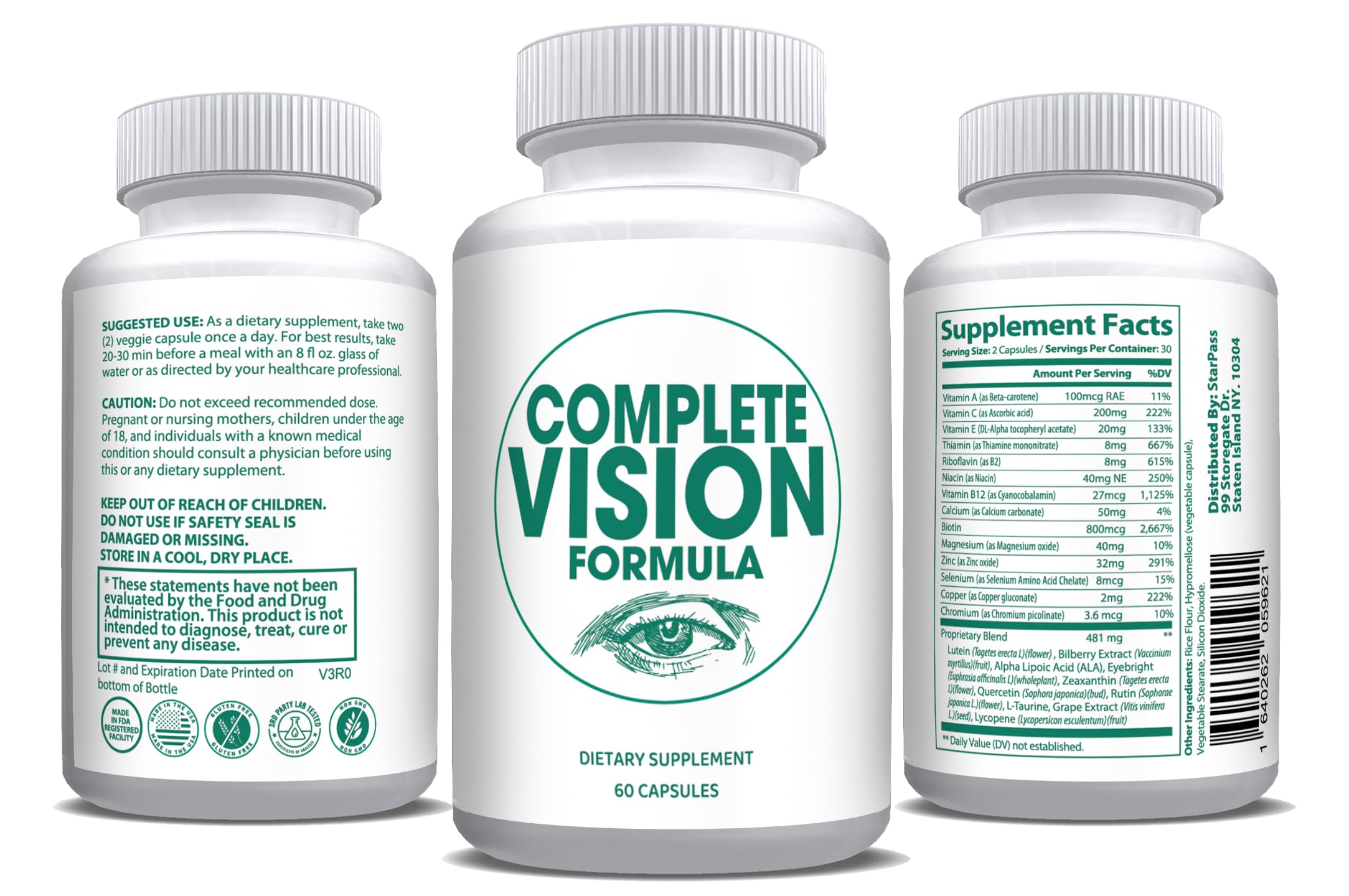 Pure Eye Health Vitamin & Mineral Supplements for Adults | #1 Complete Research Vision Formula w/Bilberry, Lutein, Zeaxanthin, Lycopene, Resveratrol | Supports Eye Strain, Dry Eyes 60 Capsules StarPass LabsAu supplements