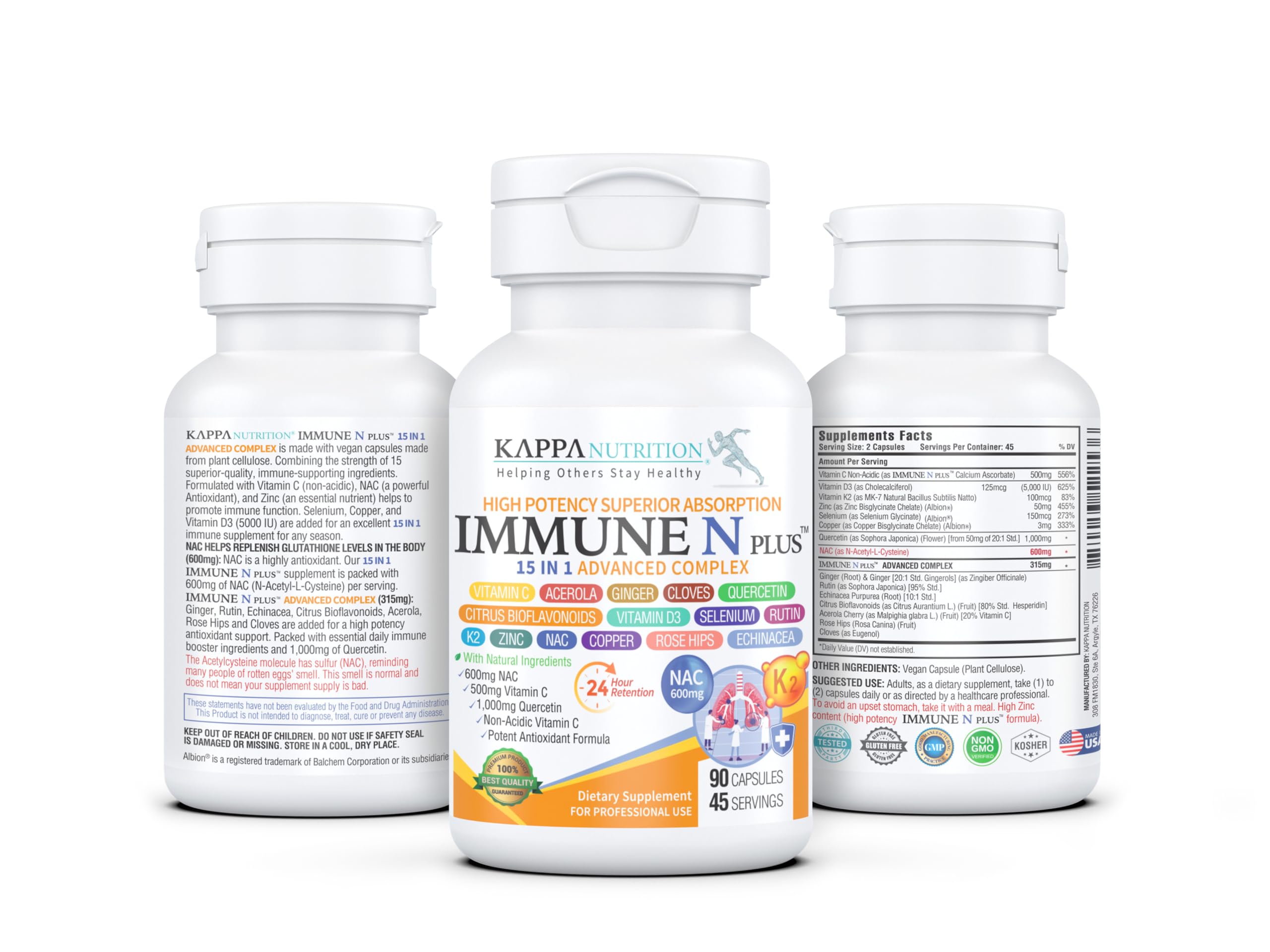 (90 Capsules), NAC 600mg, Quercetin 1,000mg, Vitamin C 500mg, Zinc 50mg, Vitamin D3 5,000iu, Selenium, Copper, Acerola, Ginger, Rutin, Citrus Bioflavonoids, Rose Hips, Echinacea, Immune N Plus 15 in 1 KAPPA NUTRITIONAu supplements
