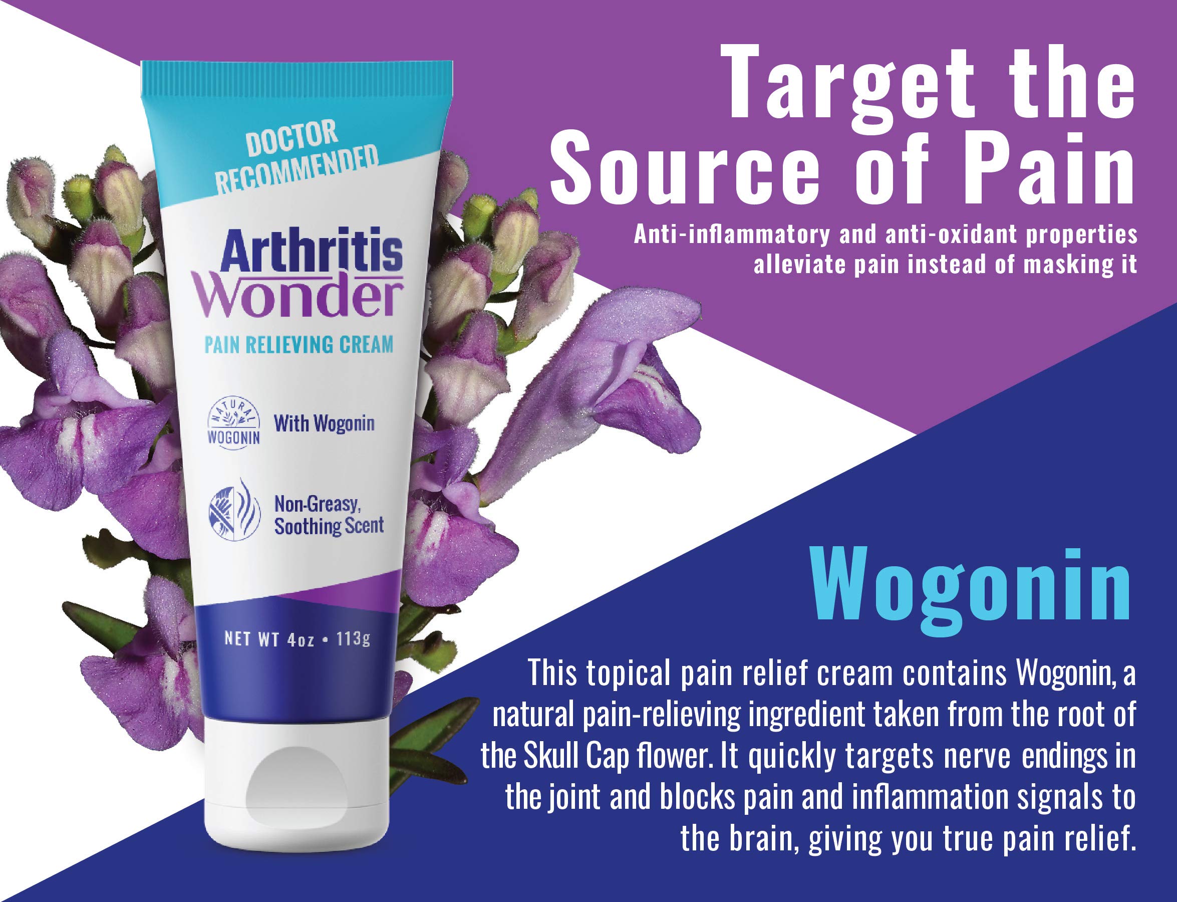 Arthritis Wonder Pain Relief Cream, 4 oz – Arthritis Pain Relief Cream for Hand, Knee, Foot and Wrist Joints – Fast-Acting, Deep Penetrating, Non-Greasy Formula with Natural Wogonin Arthritis WonderAu supplements