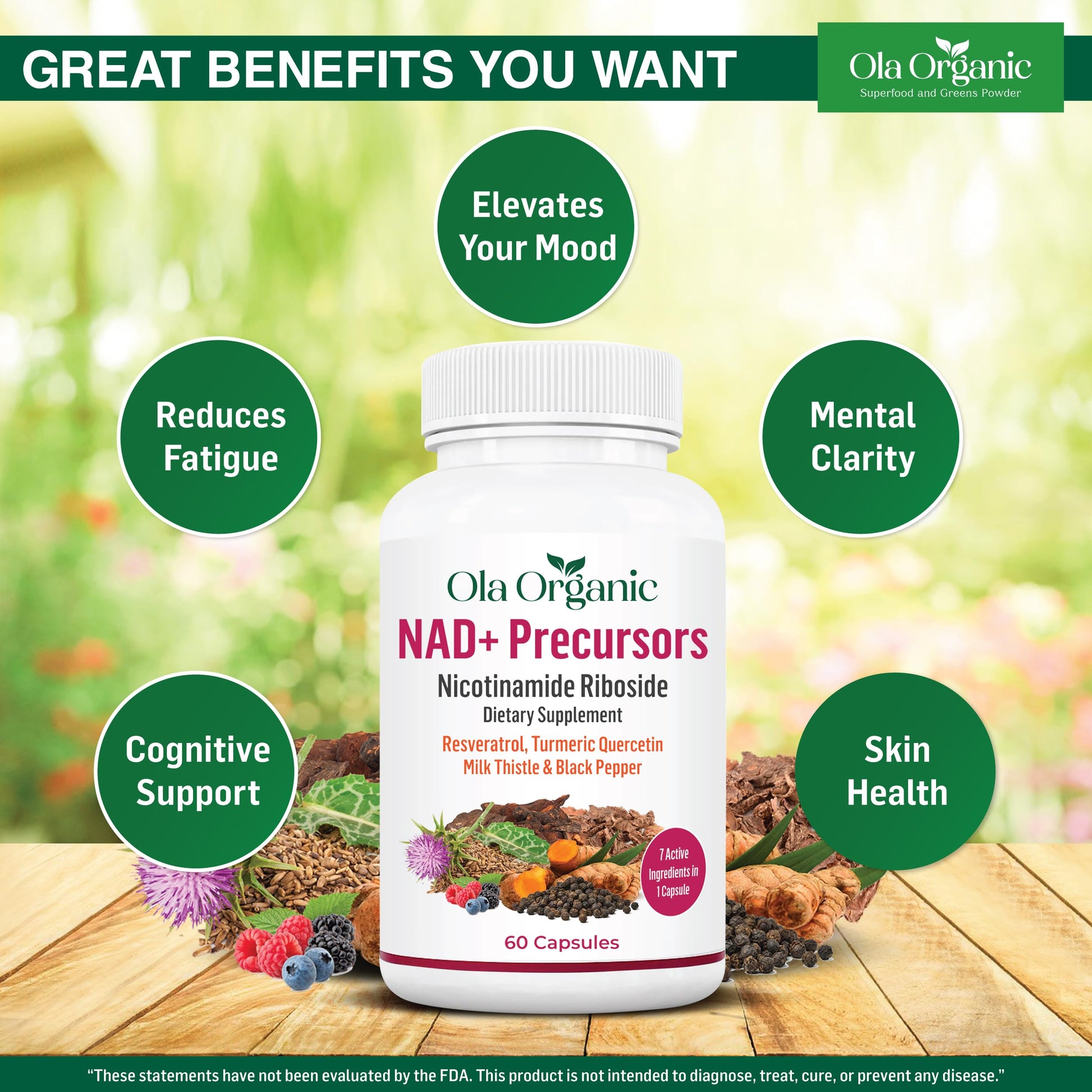 NAD+ Supplement & NAD Booster for Cellular Energy and Healthy Aging – Plant-Based Nicotinamide Riboside (NR) NAD Precursor with Resveratrol, Turmeric, Quercetin, Rhodiola & Milk Thistle – 60 Capsules Ola OrganicAu supplements