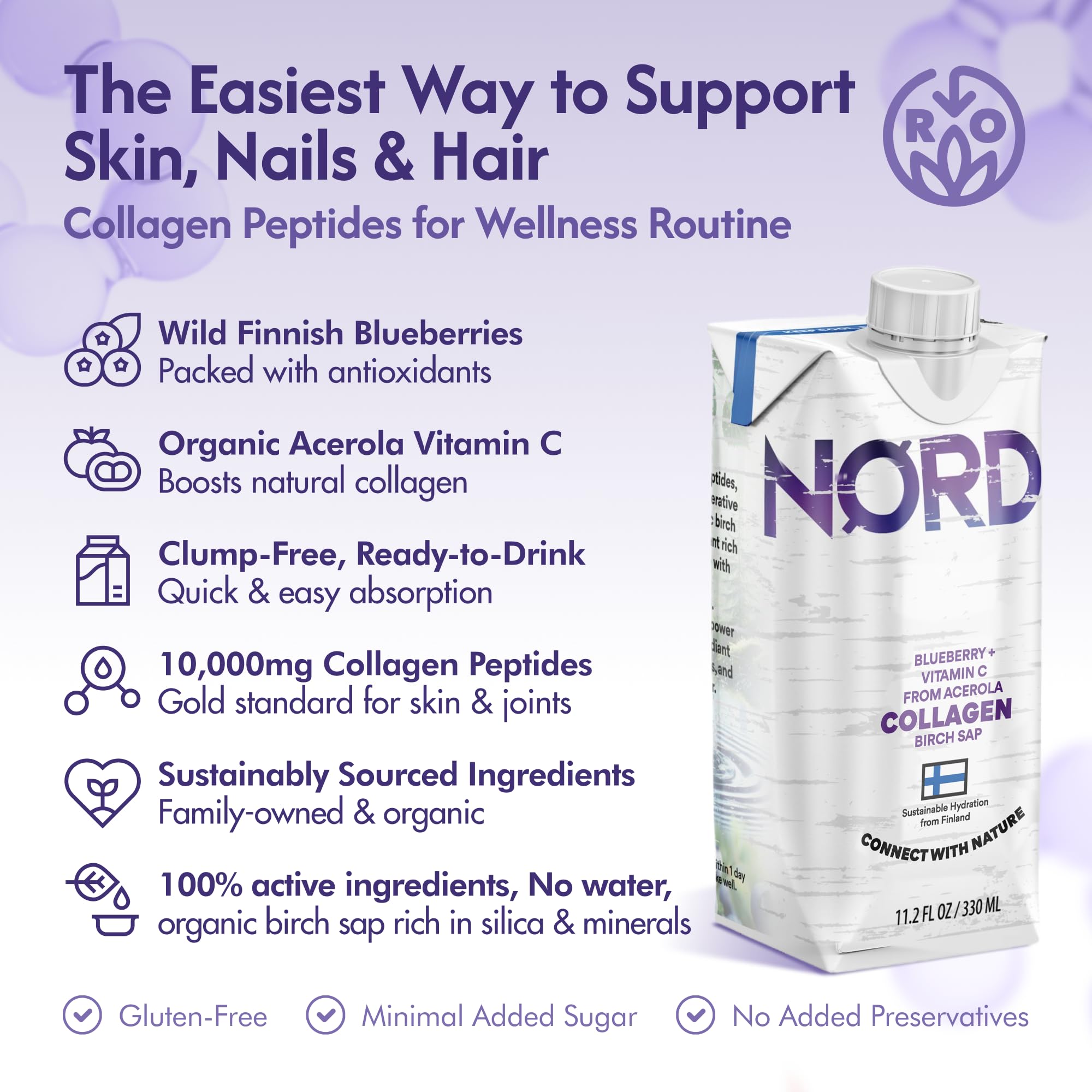 Nordic Liquid Collagen Peptide Drink, Organic Birch Sap, Wild blueberry + Vitamin C, Made in Finland - 10g Clinically Studied Grass Fed Collagen Peptides for Skin Hair Nails & Joint Support, with Silica, BPA-Free Beverage (12 Pack) Nordic Tree WaterAu supplements