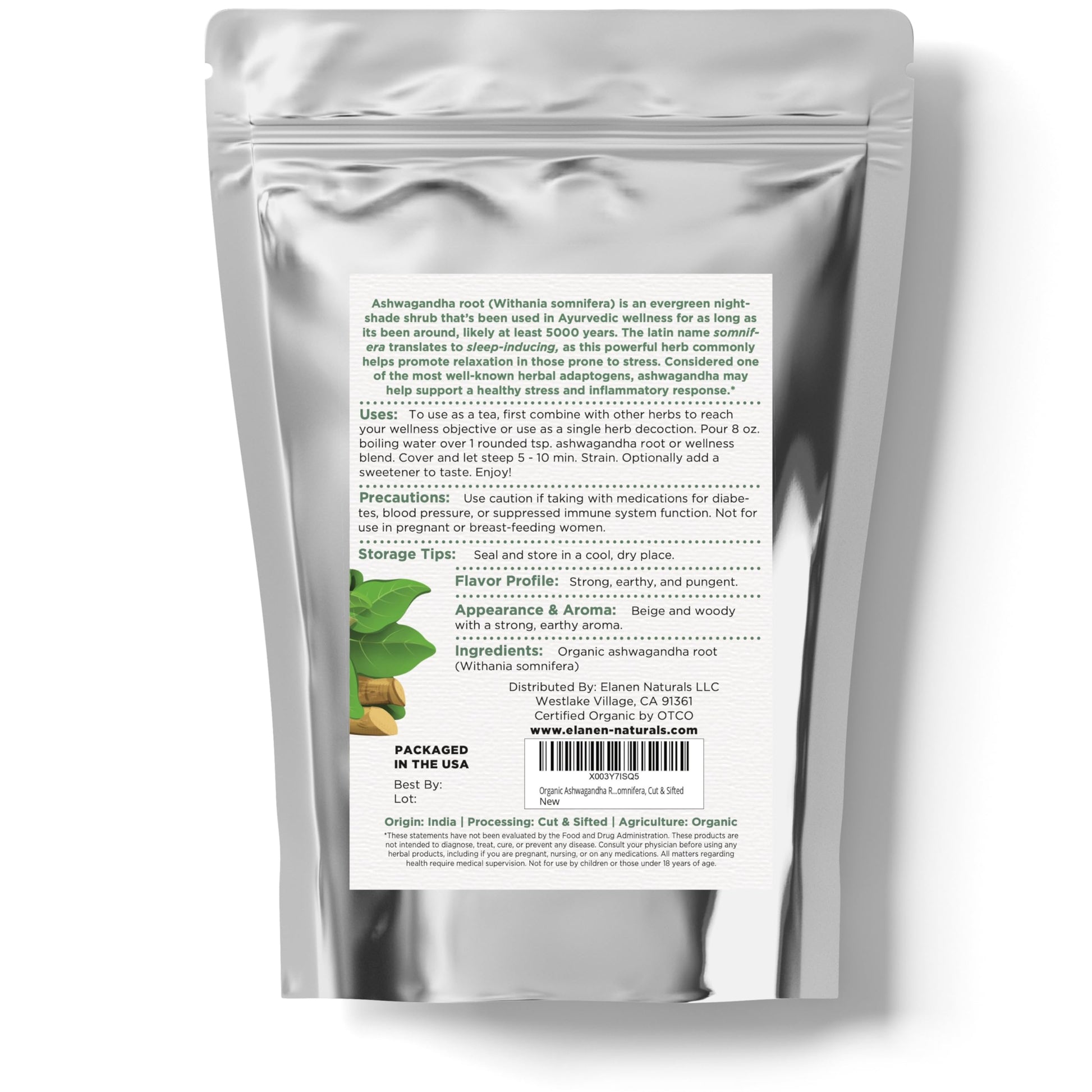 Elanen Naturals Organic Ashwagandha Root 4 oz. (113g), USDA Certified Organic Ashwagandha Root Loose Leaf Tea, Dried Withania somnifera, Cut & Sifted Elanen NaturalsAu supplements