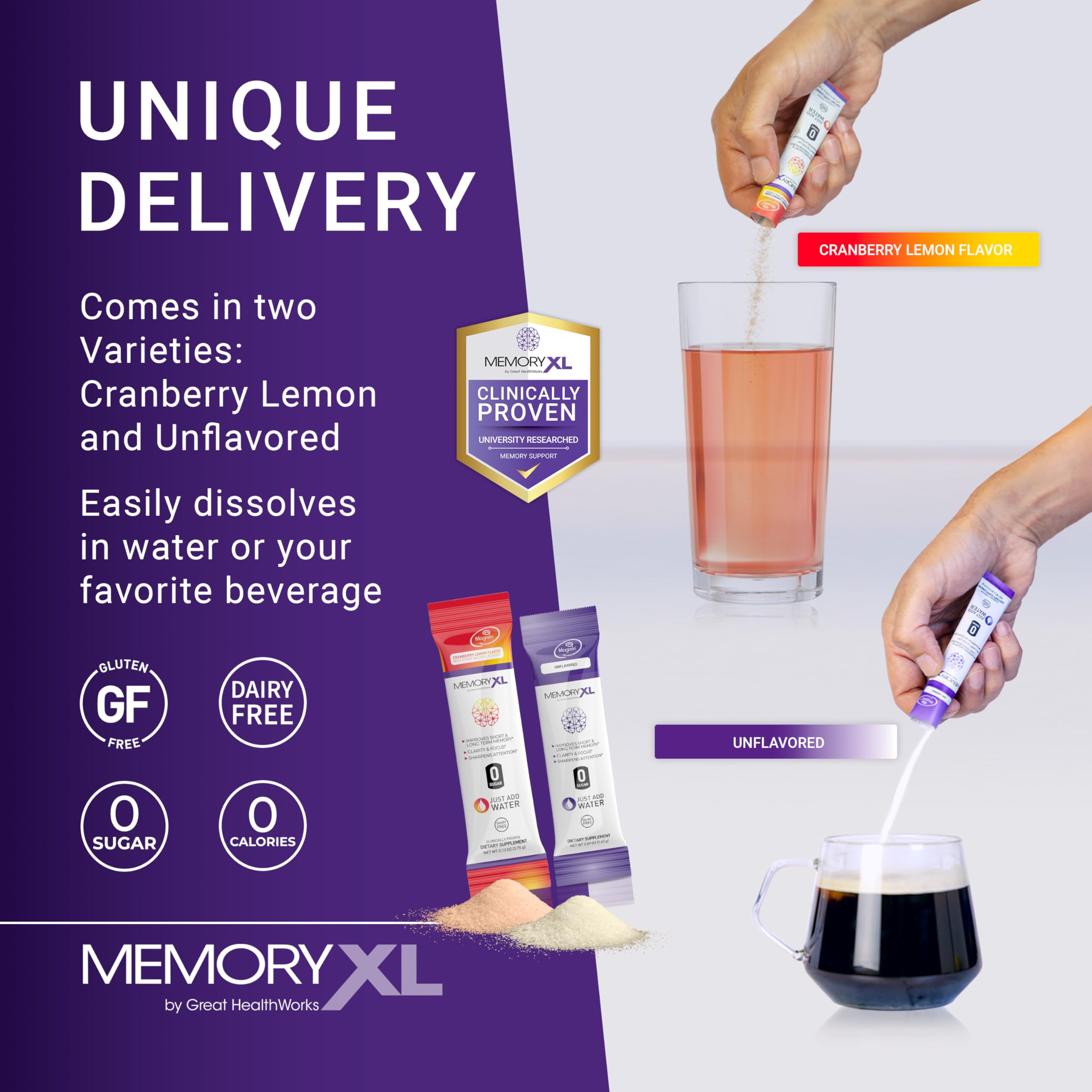 MemoryXL, Magnesium L-Threonate: Brain Supplement for Memory & Focus; Magtein®, Phosphatidylserine, Vitamin Mix. Improves Memory Focus Attention Learning & Logic. 0 Sugar, 0 cal, 30pk Cranberry Lemon OmegaXLAu supplements