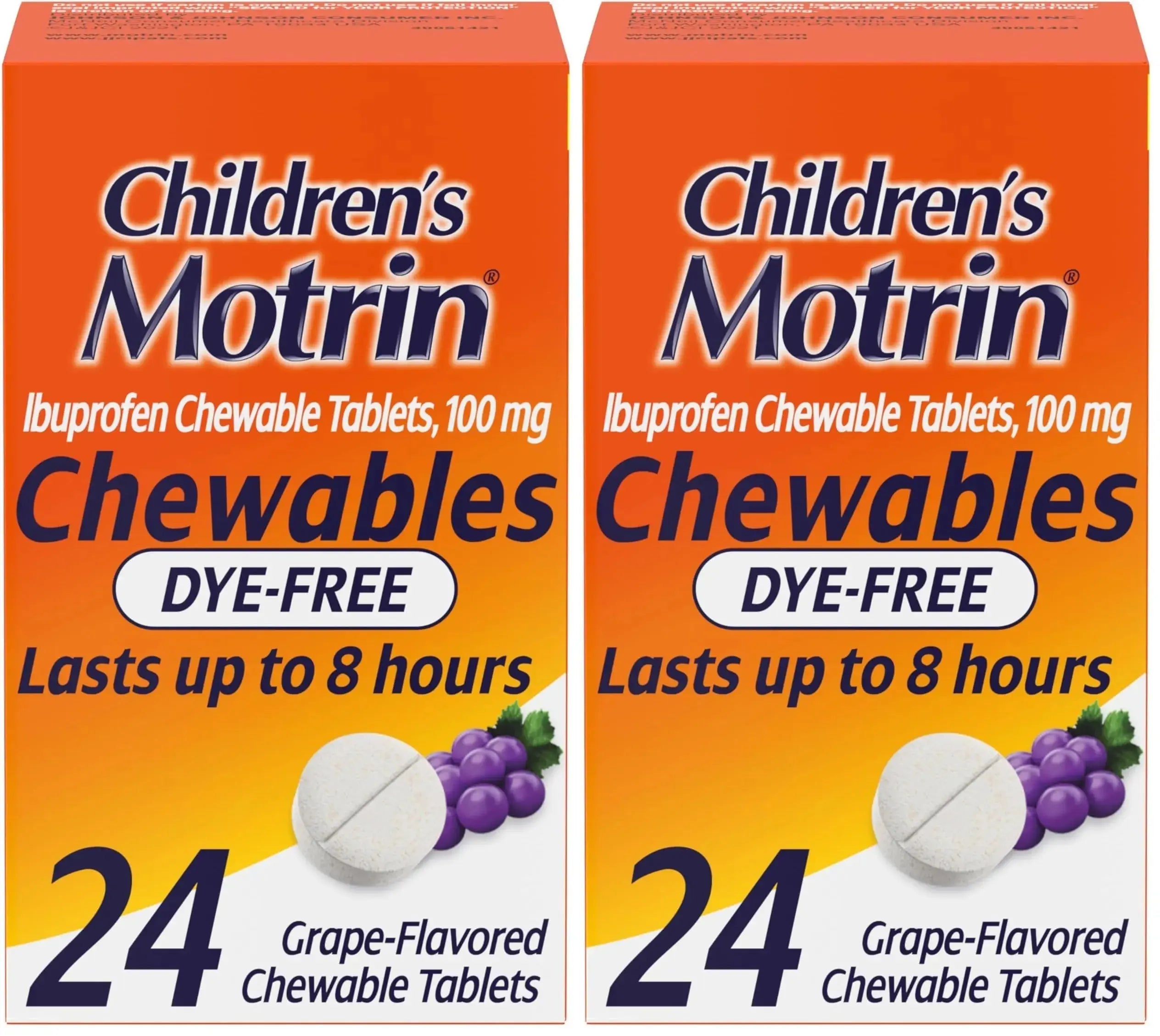 Motrin Children's Dye-Free Chewable Tablets with Ibuprofen, Kids' Fever Reducer & Pain Reliever for Sore Throat, Fever, Toothache & Pain Relief, Grape Flavor, 24 Count (Pack of 2) MotrinAu supplements