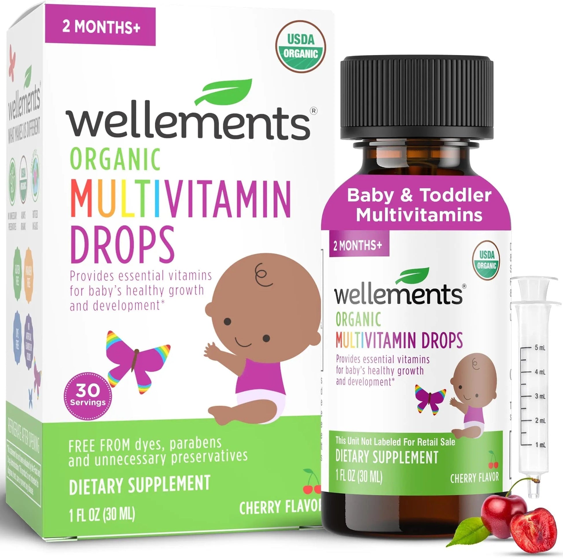 Wellements Organic Baby Multivitamin Drops (1 Fl Oz) - Cherry Flavor Liquid Multivitamins for Infants & Toddlers (2 Months+) WellementsAu supplements