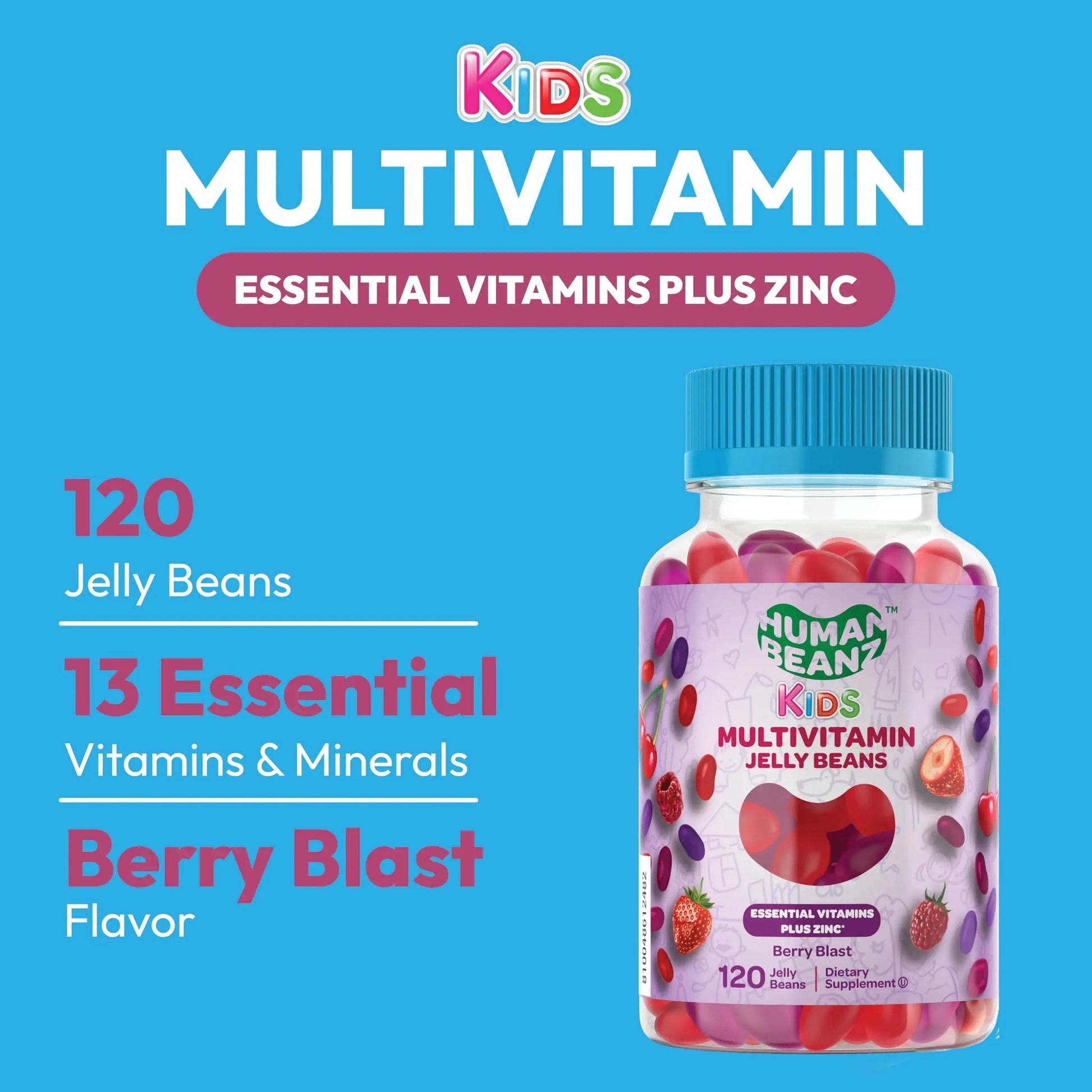 Human Beanz Multivitamin Jelly Bean Gummies with Zinc for Kids, Immune Support Dietary Supplements, Vegetarian, 120 Berry Blast Jelly Beans, Kosher Human BeanzAu supplements