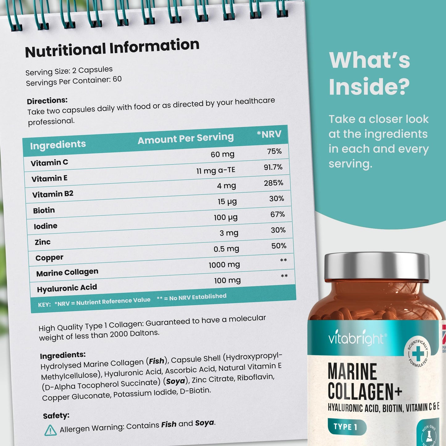Marine Collagen Capsules 1000mg - 120 Capsules - 9 Powerful Skin Supporting Nutrients VitaBrightUS supplements