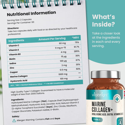Marine Collagen Capsules 1000mg - 120 Capsules - 9 Powerful Skin Supporting Nutrients VitaBrightUS supplements