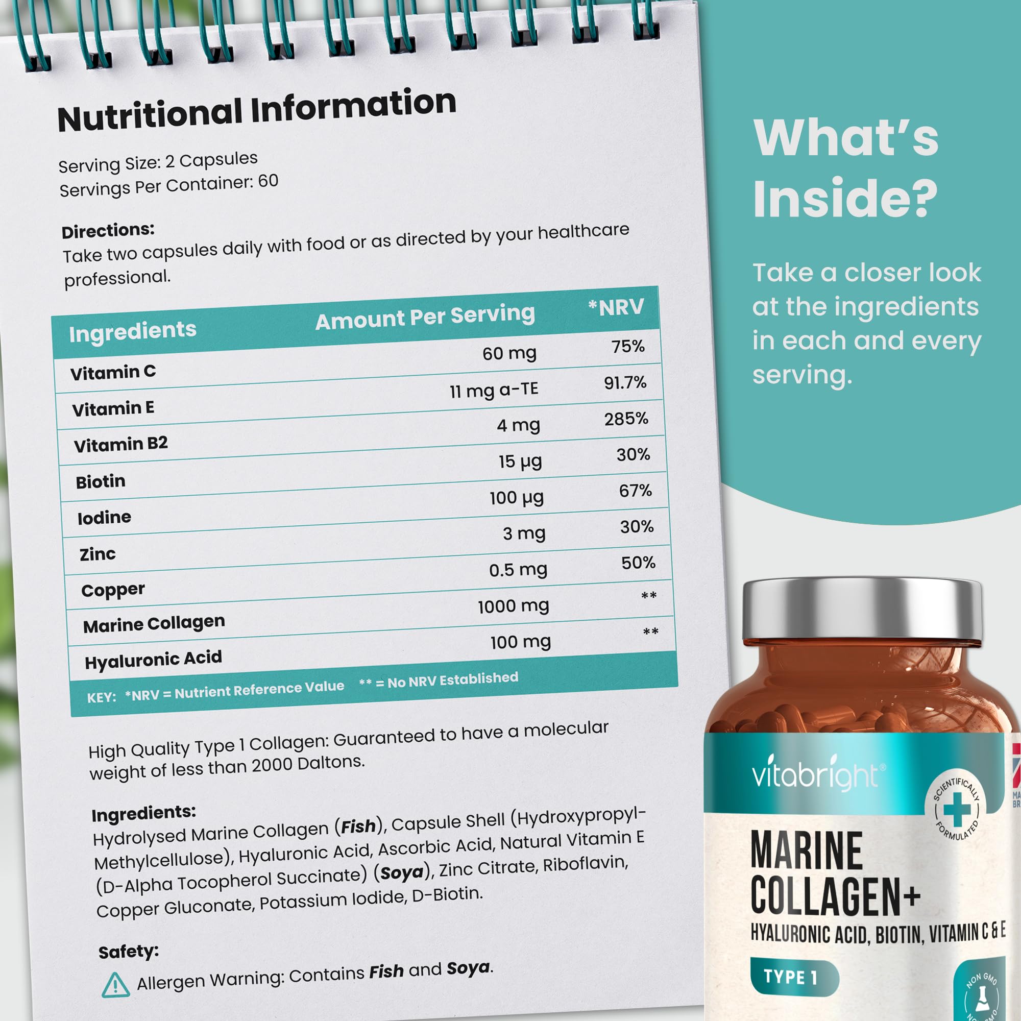 Marine Collagen Capsules 1000mg - 120 Capsules - 9 Powerful Skin Supporting Nutrients VitaBrightAu supplements