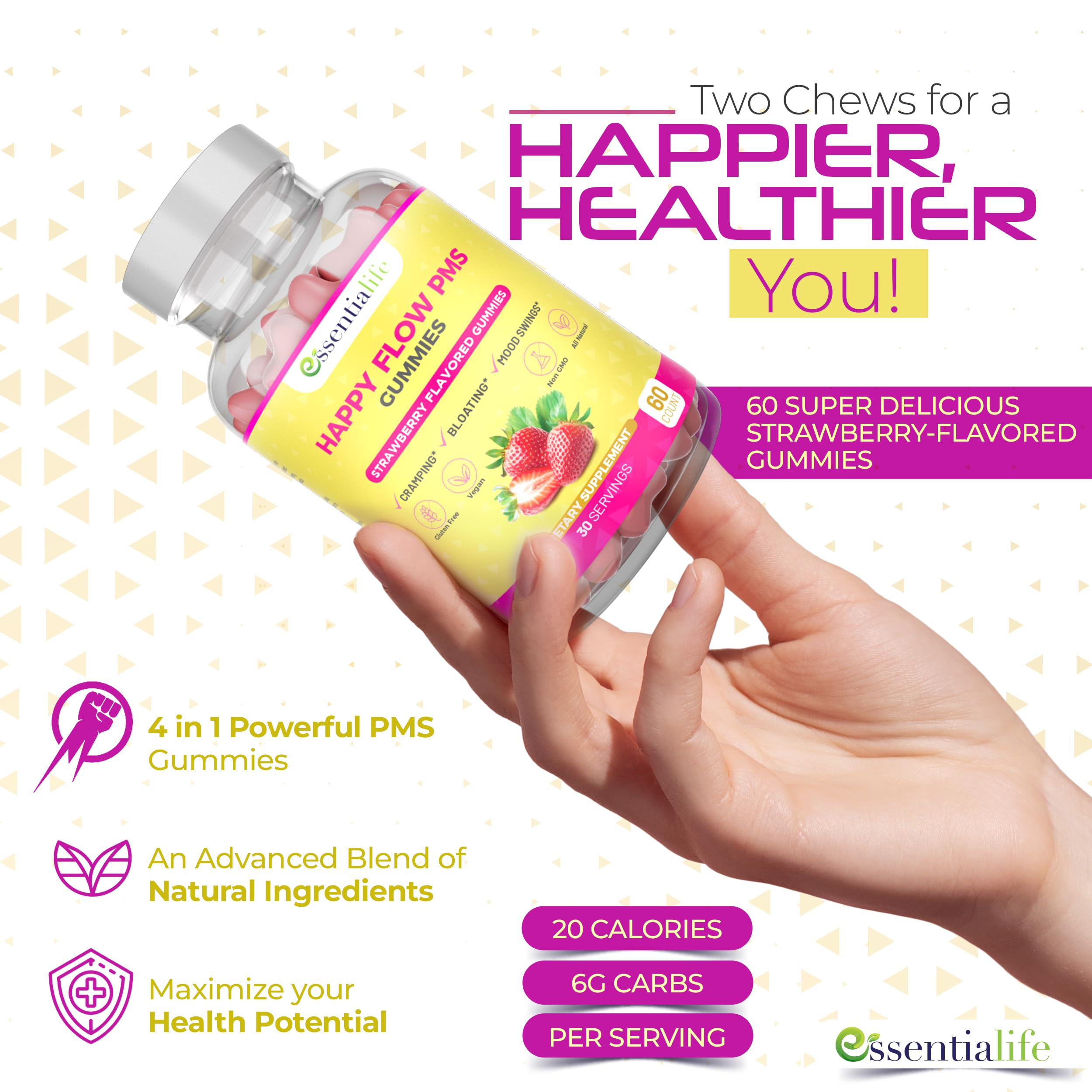 PMS Gummies - Happy Flow PMS Support Supplement for Women - Strawberry PMS Relief Supplement with Vitamin B6 for Hormone Balance, Period Support, Cramps, Hormonal Acne & Bloating Relief (60 Count) EssentialifeAu supplements