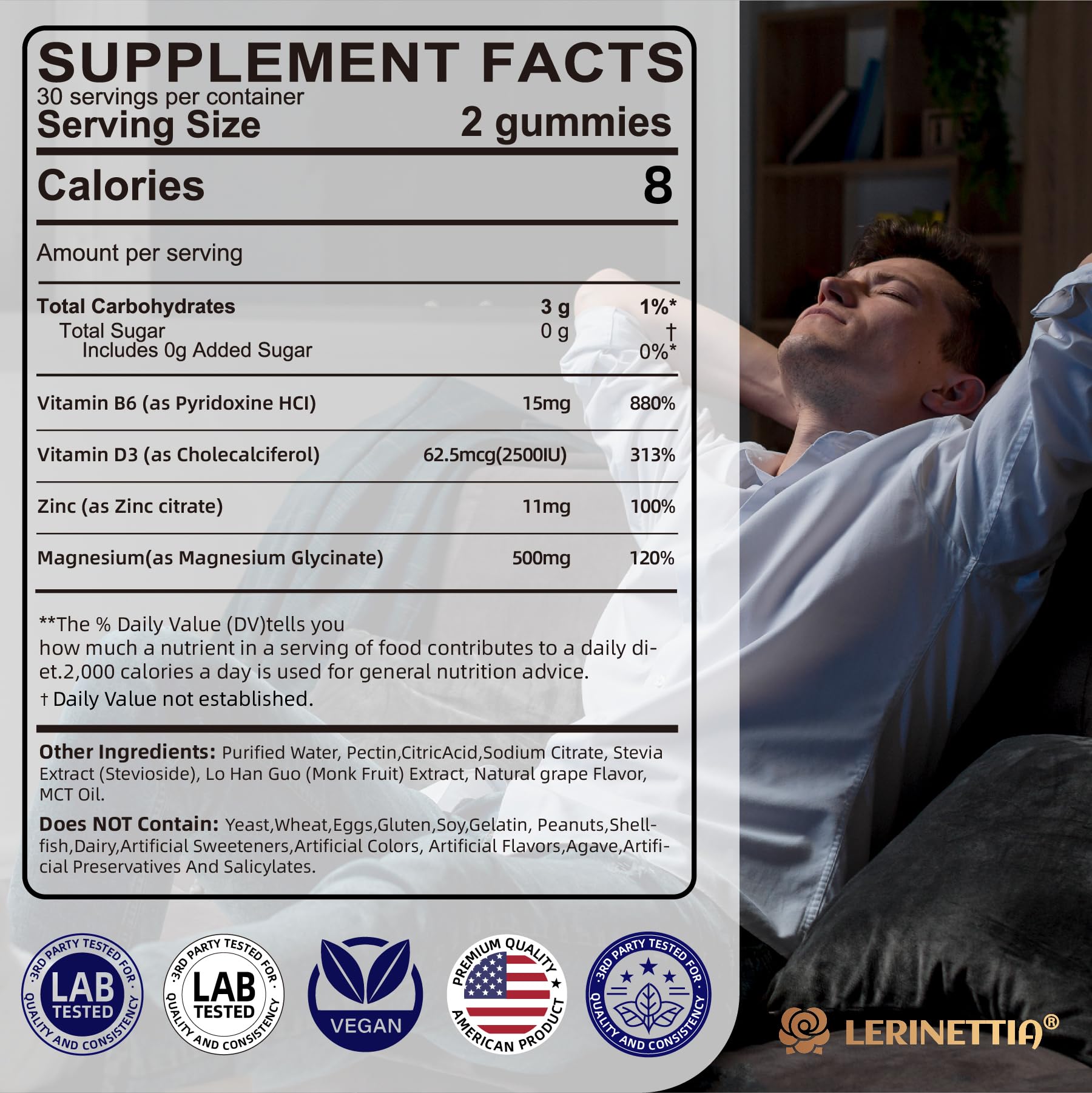 Magnesium Glycinate 500mg/250mg for Adults Teens - Plus D3,B6 & Zinc - Magnesium Glycinate Gummies,High Absorption - Support for Relaxation,Brain,Bone & Immunity Health - Sugar Free - 120Cts LerinettiaAu supplements