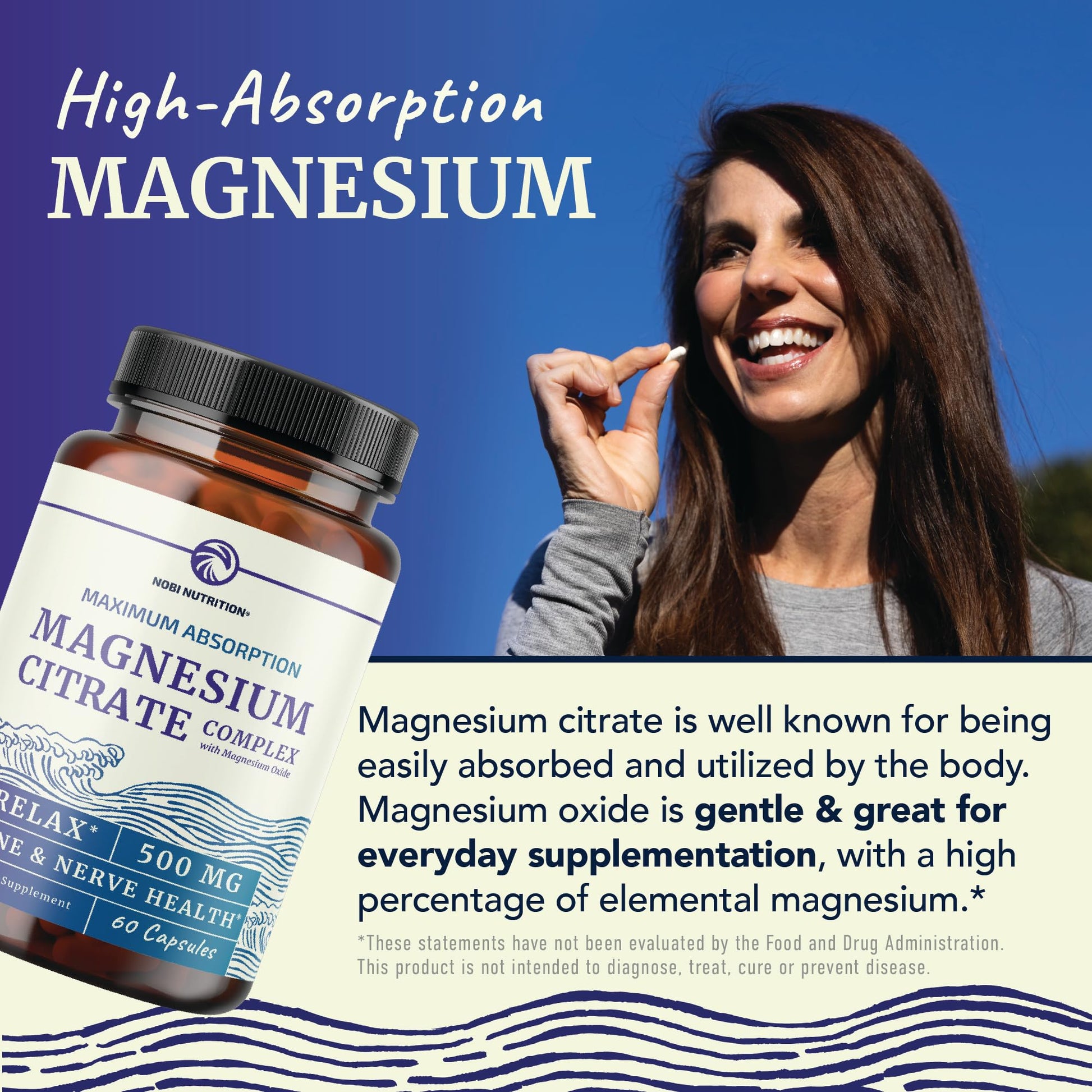 Magnesium Citrate Complex 500 MG for Calm & Relaxation | High Absorption Magnesium Supplement | Citrato de Magnesio | Constipation & Digestion Support Non-GMO Soy-Free | 60 Mag Citrate Capsules Nobi NutritionAu supplements