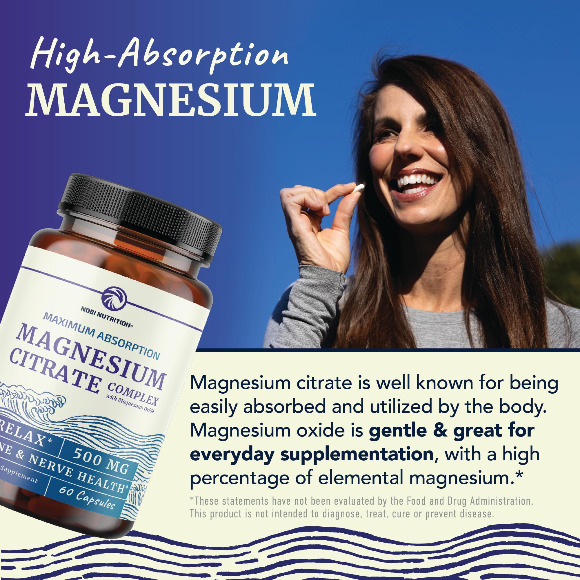 Magnesium Citrate Complex 500 MG for Calm & Relaxation | High Absorption Magnesium Supplement | Citrato de Magnesio | Constipation & Digestion Support Non-GMO Soy-Free | 60 Mag Citrate Capsules Nobi NutritionAu supplements