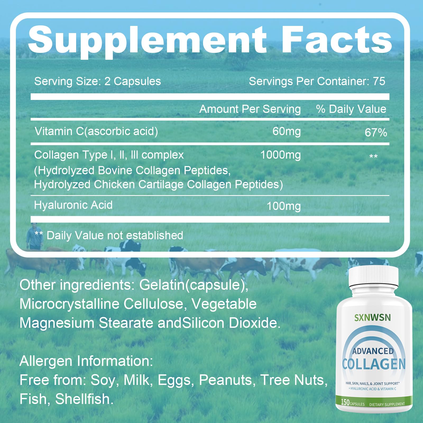 Advanced Multi Collagen Supplement with Vitamin C + Hyaluronic Acid - Hydrolyzed Collagen Peptides Supports for Skin, Joints & Hair* | Collagen Complex 150 Capsules for Women or Men SXNWSNAu supplements