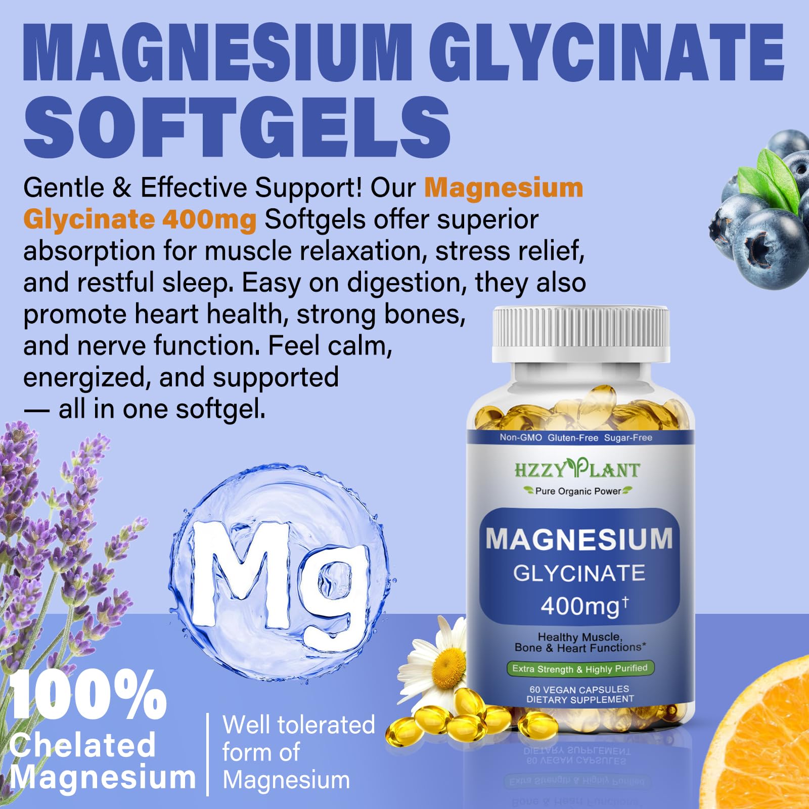 Magnesium Glycinate Softgels, High Absorption Magnesium Glycinate 400mg Supplement for Muscle, Heart, Sleep & Bone Support, Bisglycinate Softgel Capsules Supplement, Vegan, Non-GMO, 2 Month Supply HZZYPLANTAu supplements