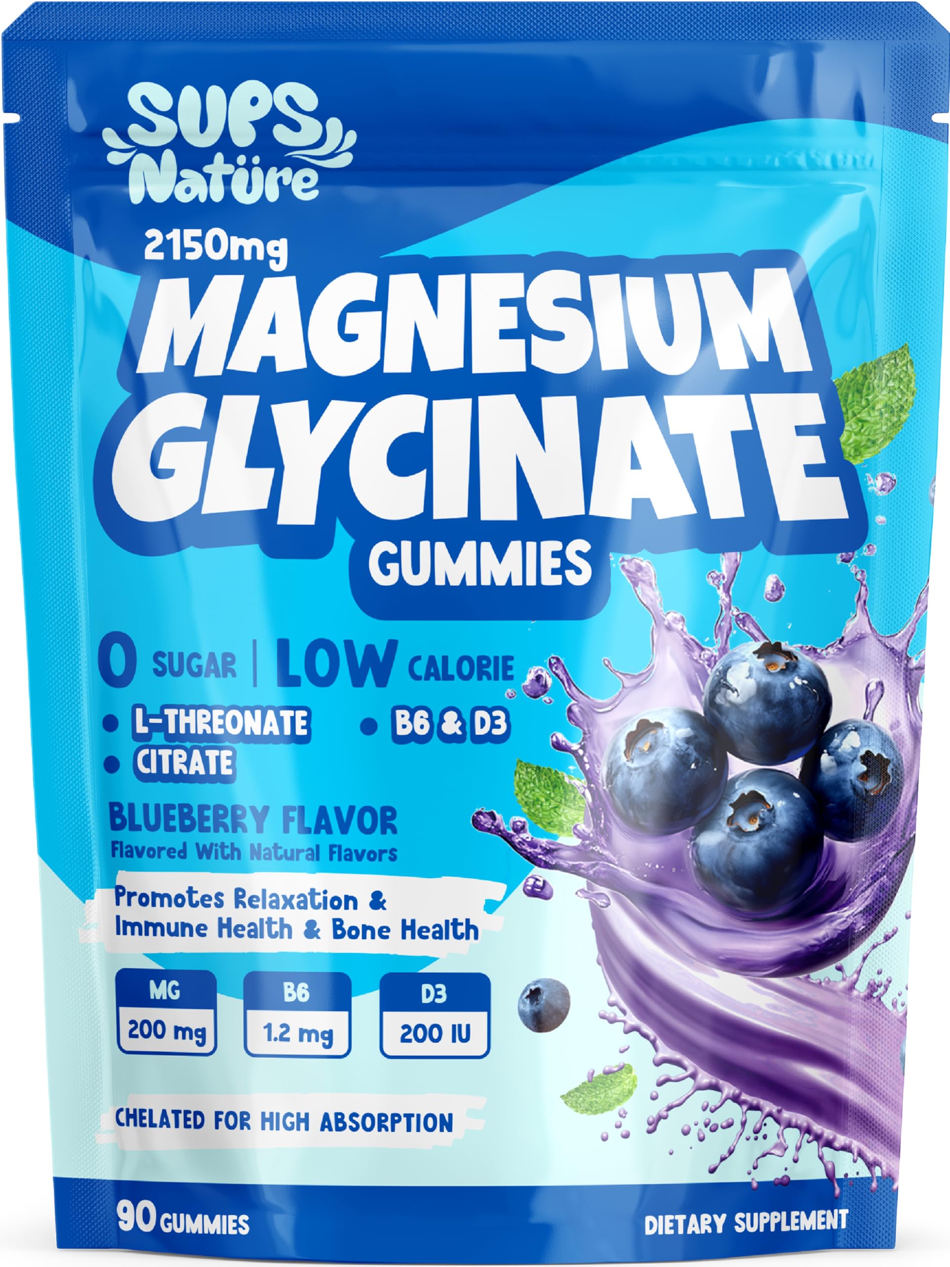 Magnesium Glycinate Gummies 2150 mg with Magnesium L-Threonate for Adults, Melatonin Free, High Absorption, Blueberry Flavor, 90 Count sups natureAu supplements