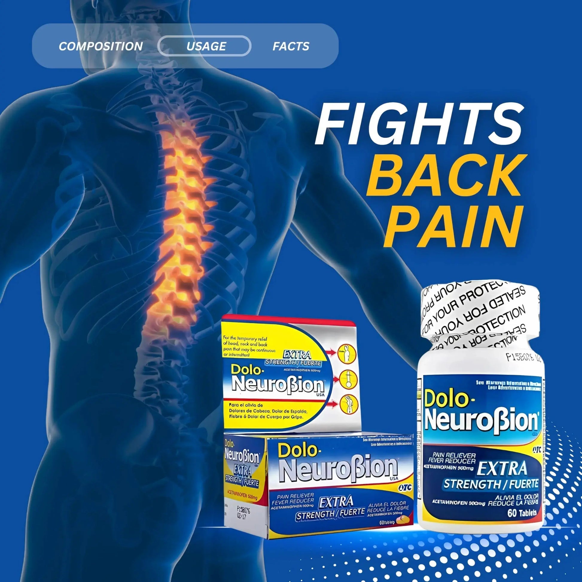 Dolo Neurobion Pain Reliever, Fever Reducer, Extra Strength. Alivia el Dolor,Reduce la Fiebre, Extra Fuerte. 60 Tablets. Acetaminophen 500 mg NeurobionAu supplements