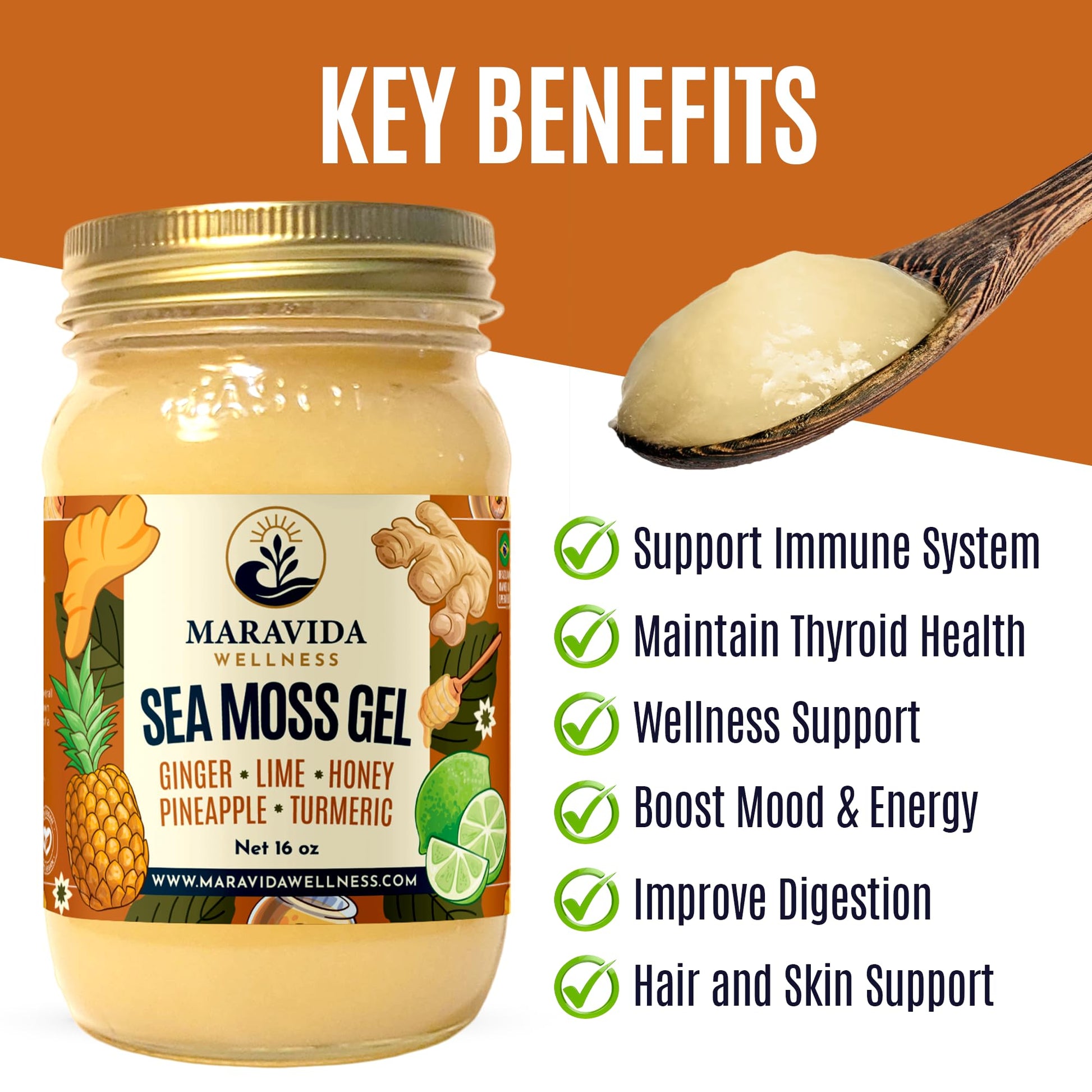 Maravida Wellness Sea Moss Gel – Pineapple, Lime, Honey, Ginger & Turmeric – 100% Natural Raw Organic Irish Moss – 16oz Jar – Premium Superfood for Everyday Wellness Maravida WellnessAu supplements