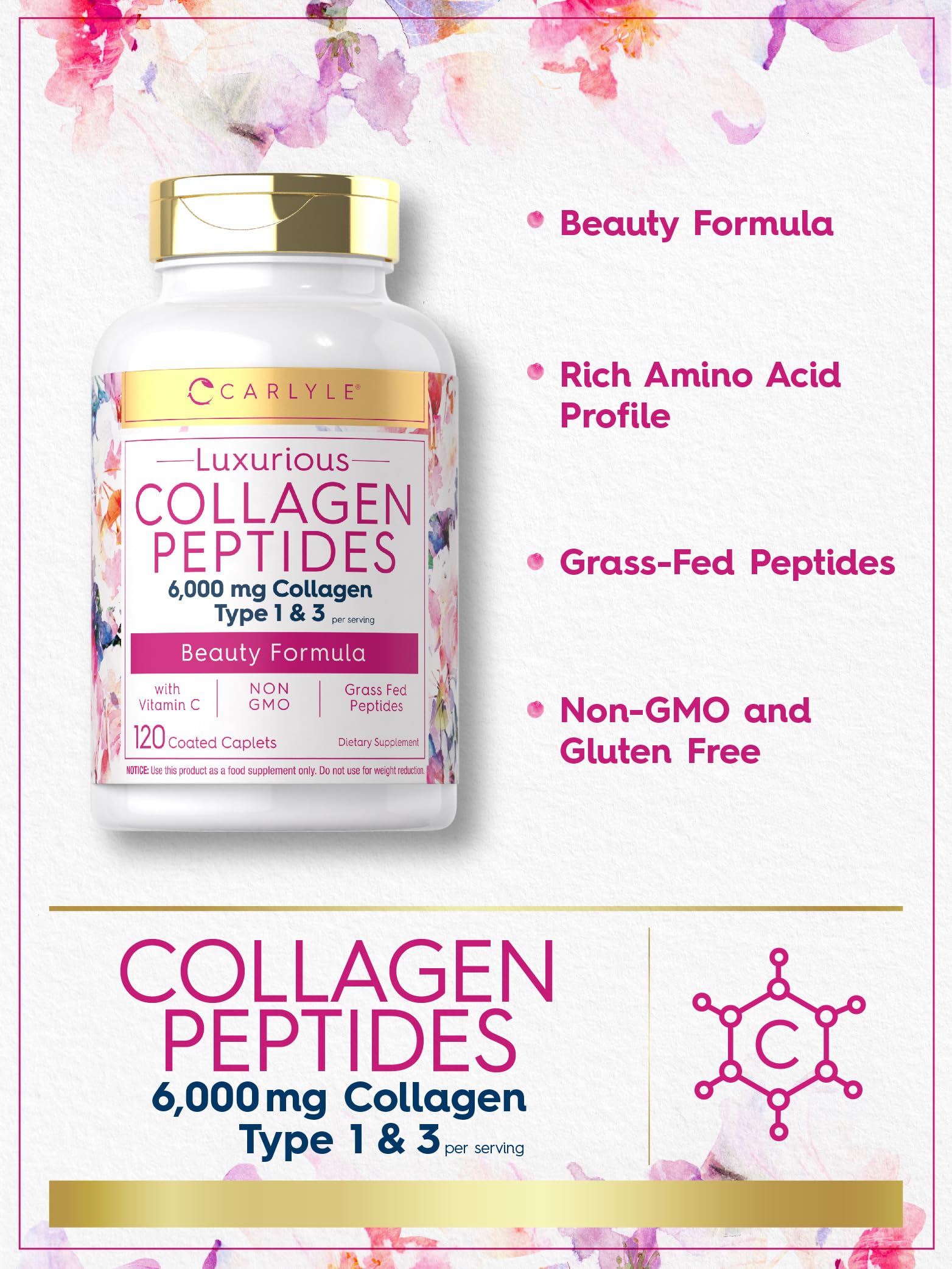 Carlyle Collagen with Vitamin C | 6000mg | 120 Caplets | Multi Collagen Peptide Pills CarlyleAu supplements