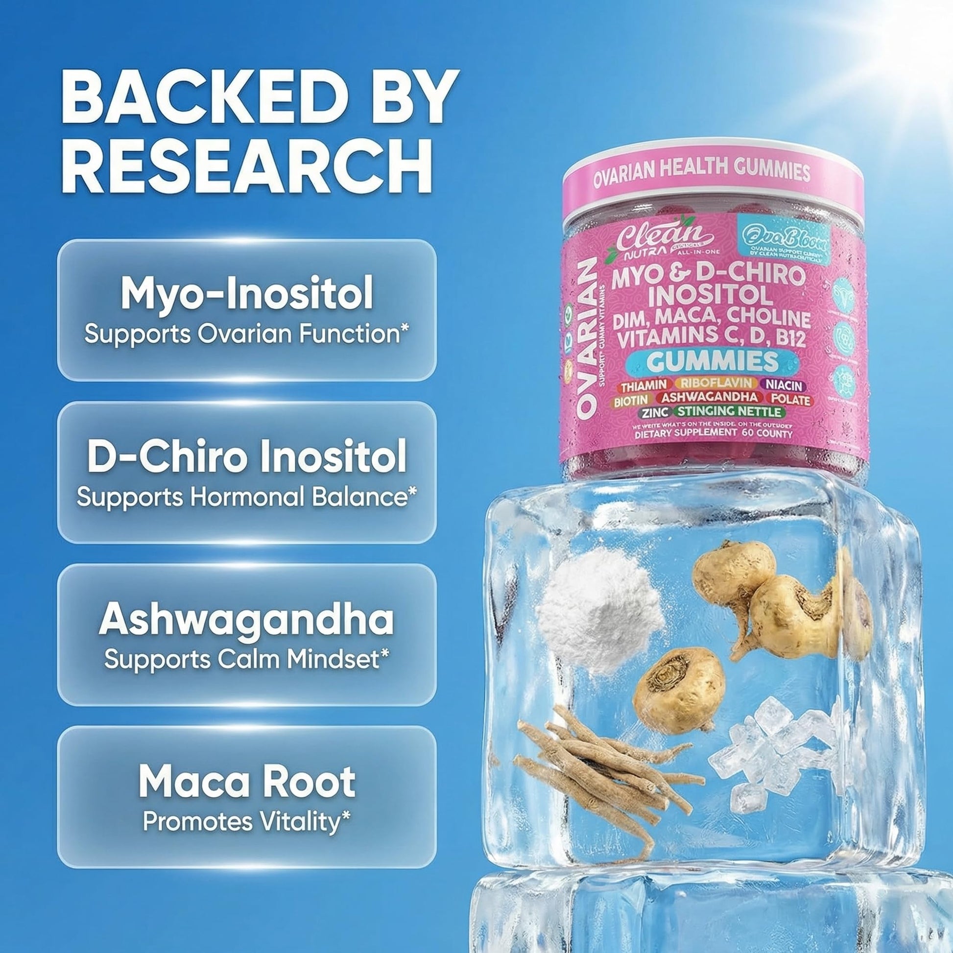 OVA Bloom Ovarian Support Gummies Myo Inositol D-Chiro Inositol Choline Flax Biotin Riboflavin Thiamin Niacin Ashwagandha DIM Maca Root Vitamin C D3 B12 Zinc 60 Count By Clean Nutra Clean NutraceuticalsAu supplements