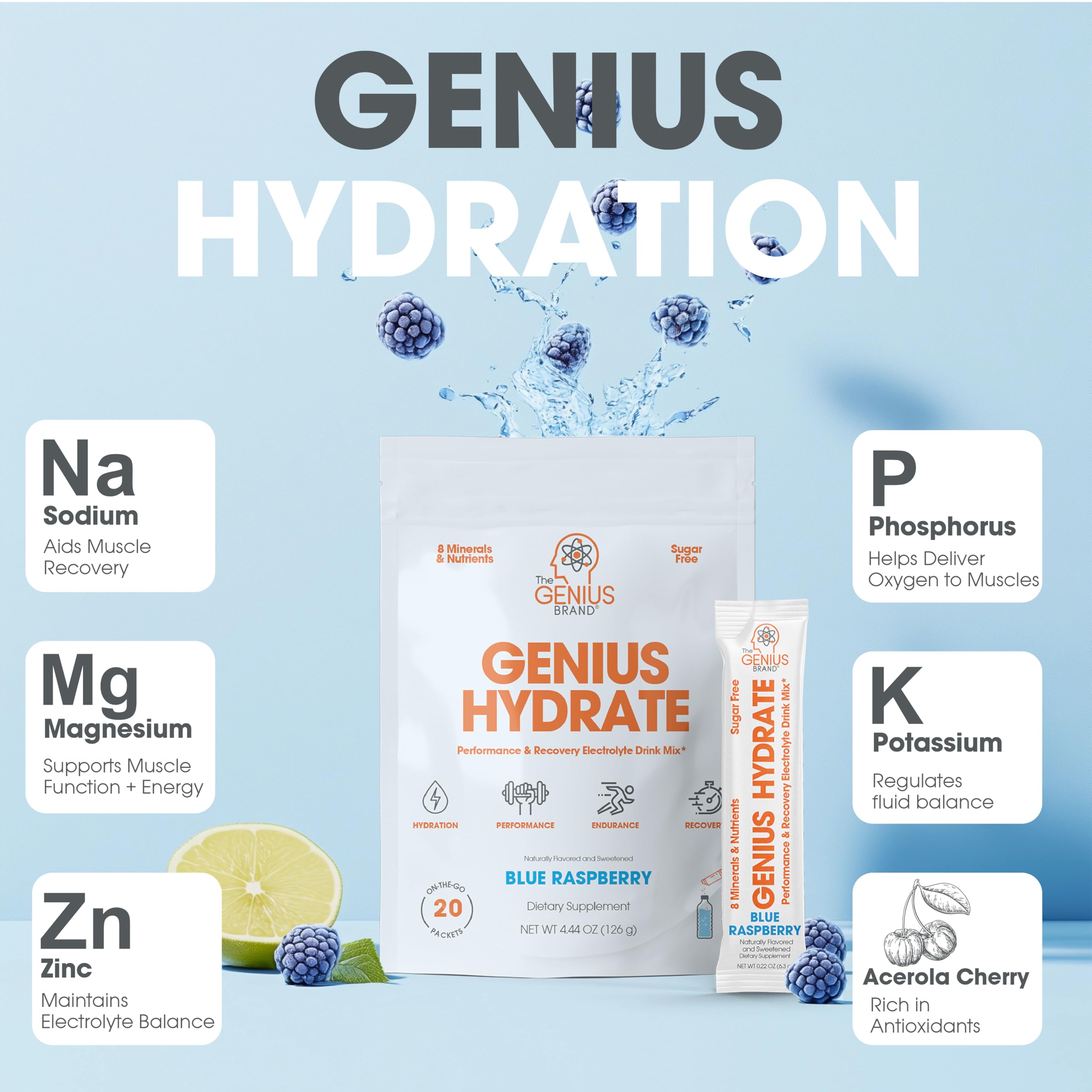 The Genius Brand - Genius Hydrate Stick Pack Powder Drink Mix – Blue Raspberry Flavor, Natural Electrolyte Booster with Coconut Water & Potassium for Ultimate Hydration - 20 Packets The Genius BrandUS supplements