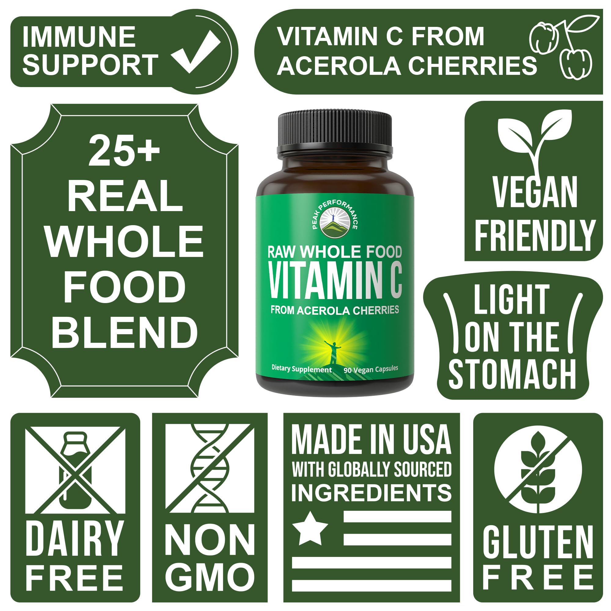 Peak Performance Raw Whole Food Natural Vitamin C Capsules from Acerola Cherry for Max Absorption. Vegan USA Sourced Vitamin C Supplement 90 Pills. 500 mg Serving or 2 Servings 1000mg Peak PerformanceAu supplements