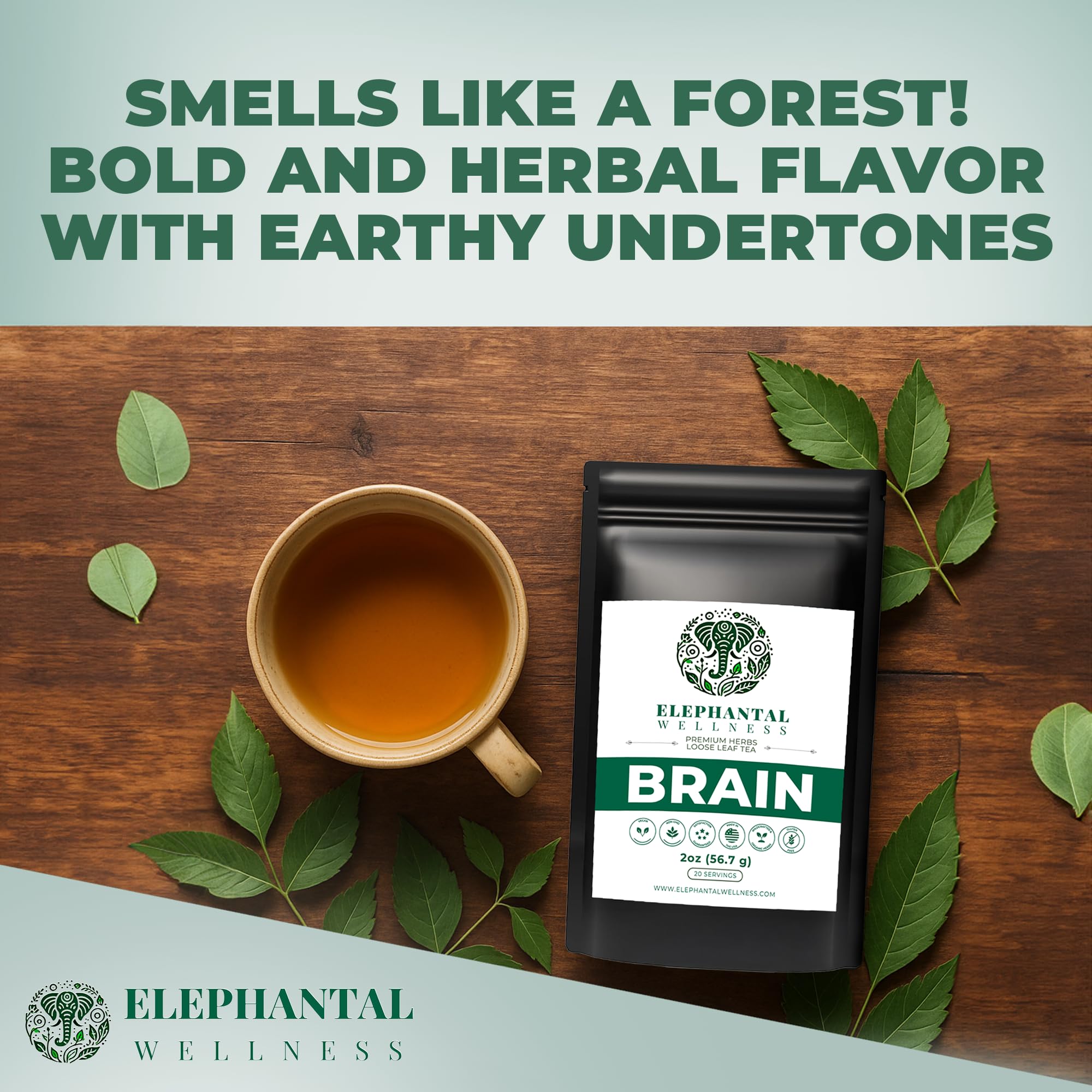 Elephantal Wellness Premium Brain Herbal Tea | Nootropic Focus & Mental Clarity with Ginkgo, Bacopa, Gotu Kola & Rosemary | Non-GMO, Caffeine-Free Coffee Alternative, Handmade Loose Leaf Blend, 2oz Loose Leaf, 20 Servings Elephantal WellnessAu supplements