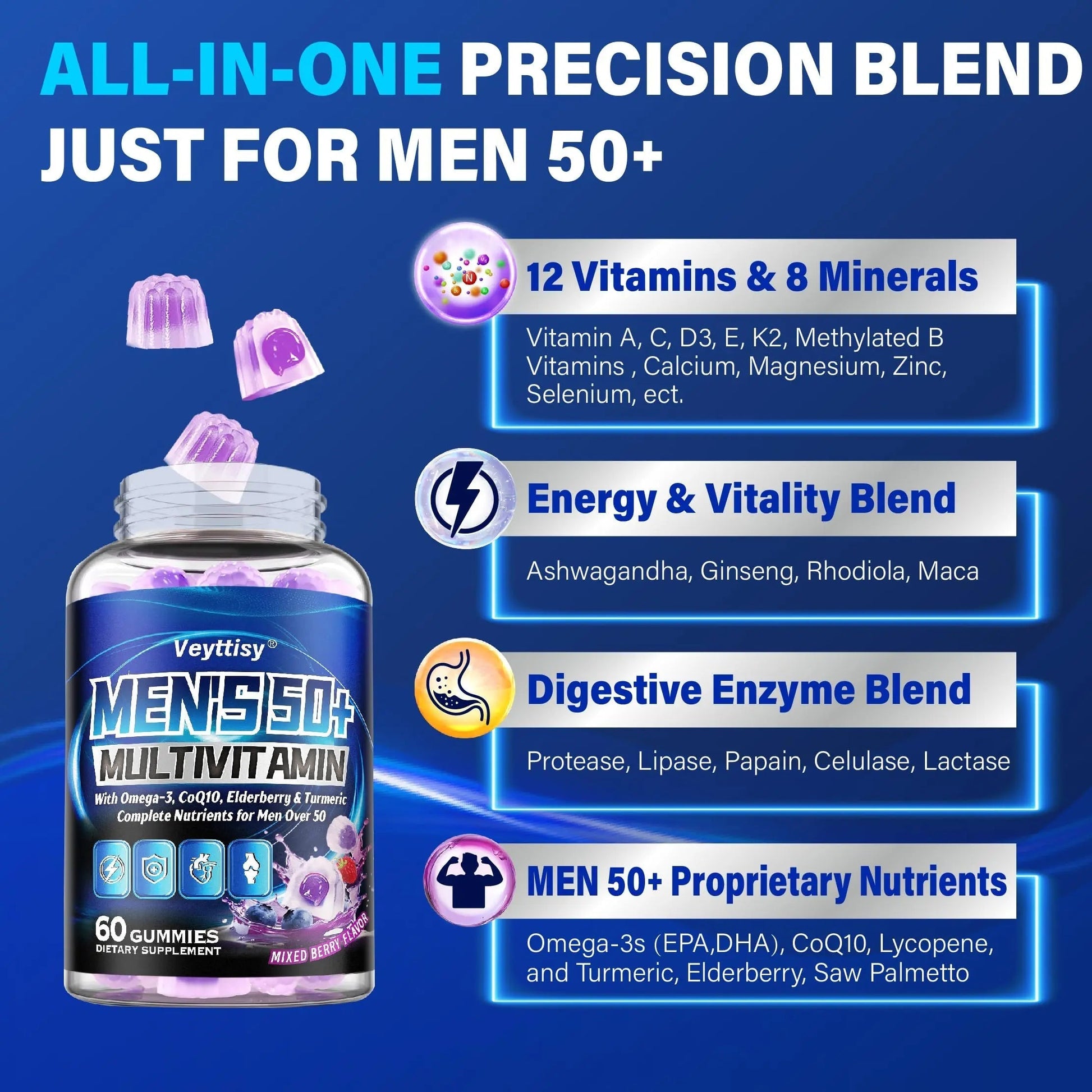 Sugar Free Multivitamin Gummies for Men 50 Plus - Methylated Multivitamin with Omega-3, CoQ10, Elderberry & Turmeric VeyttisyAu supplements