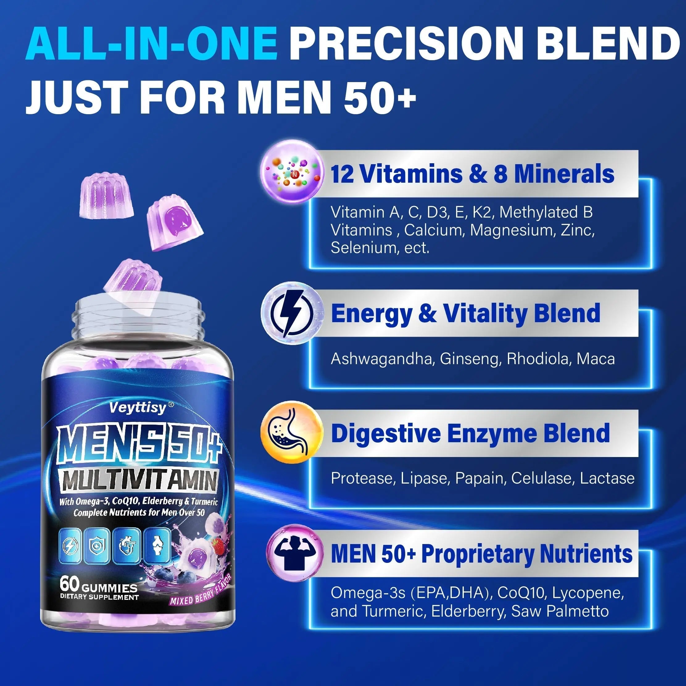 Sugar Free Multivitamin Gummies for Men 50 Plus - Methylated Multivitamin with Omega-3, CoQ10, Elderberry & Turmeric VeyttisyAu supplements