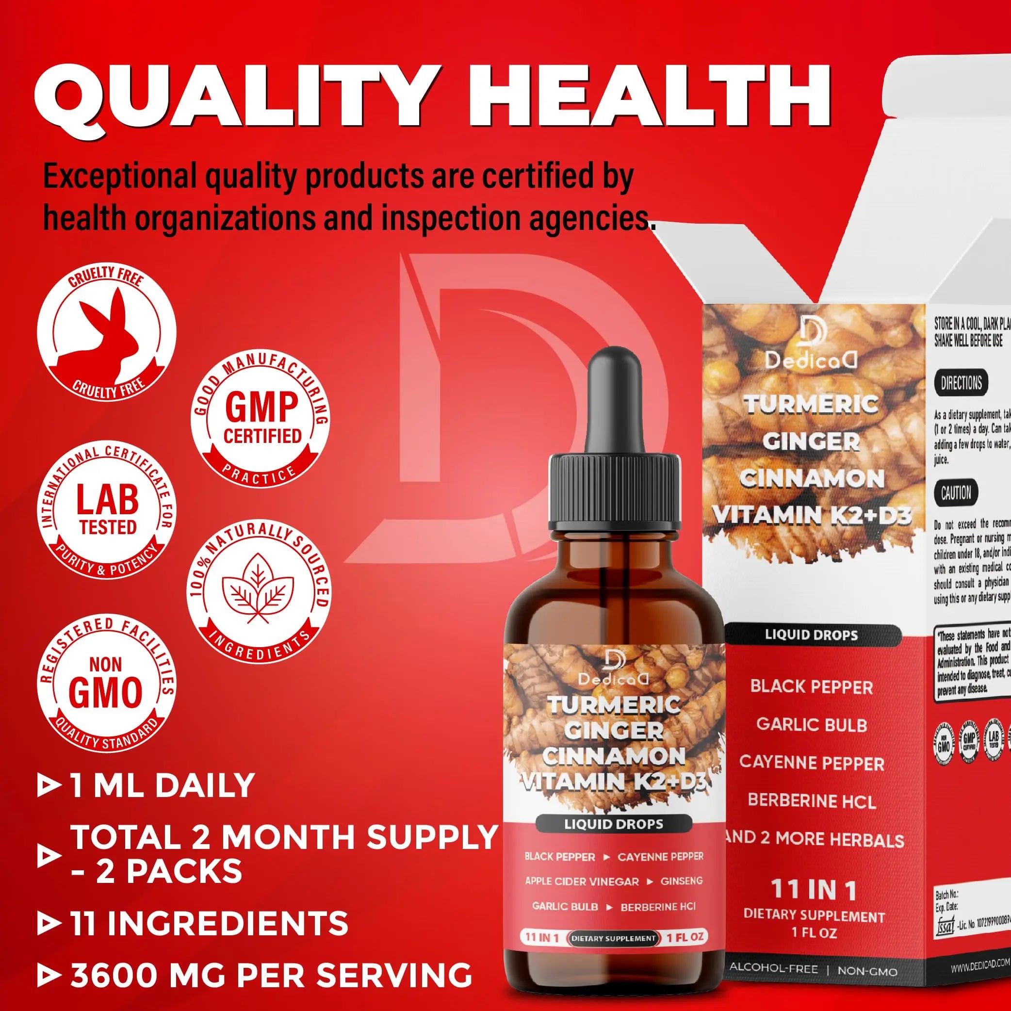 11in1 Turmeric Supplement for Health Heart & Wellness Support – with Ginger, Garlic, Ceylon Cinnamon, Berberine, Ginseng, Apple Cider Vinegar – 30ml Liquid Drops – 60 Servings DEDICADnz supplements