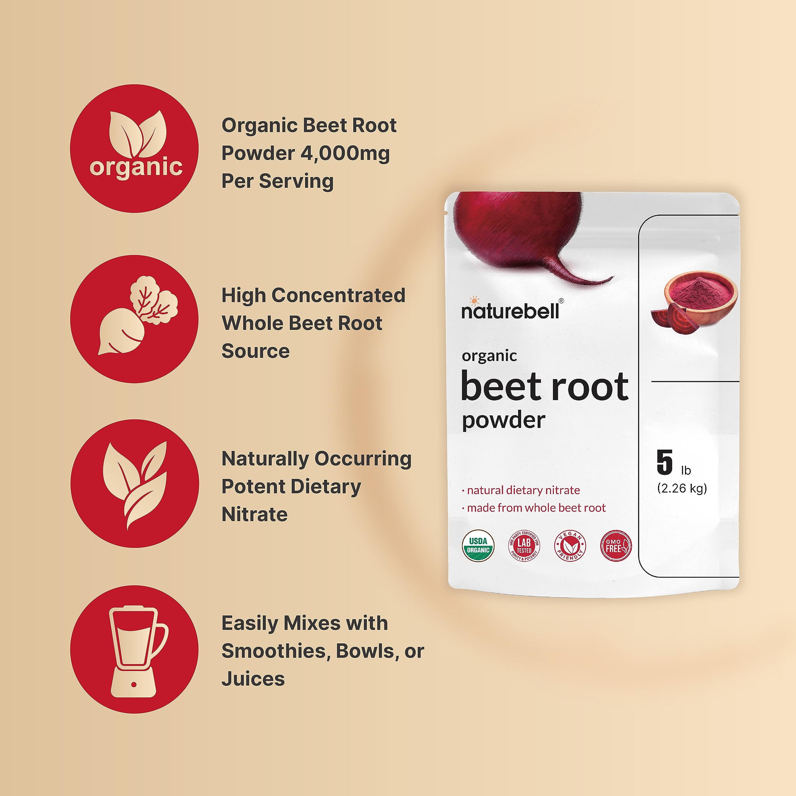 Organic Beet Root Powder 5Lbs | 4,000mg Per Serving – Concentrated Whole Beet Root NatureBellAu supplements