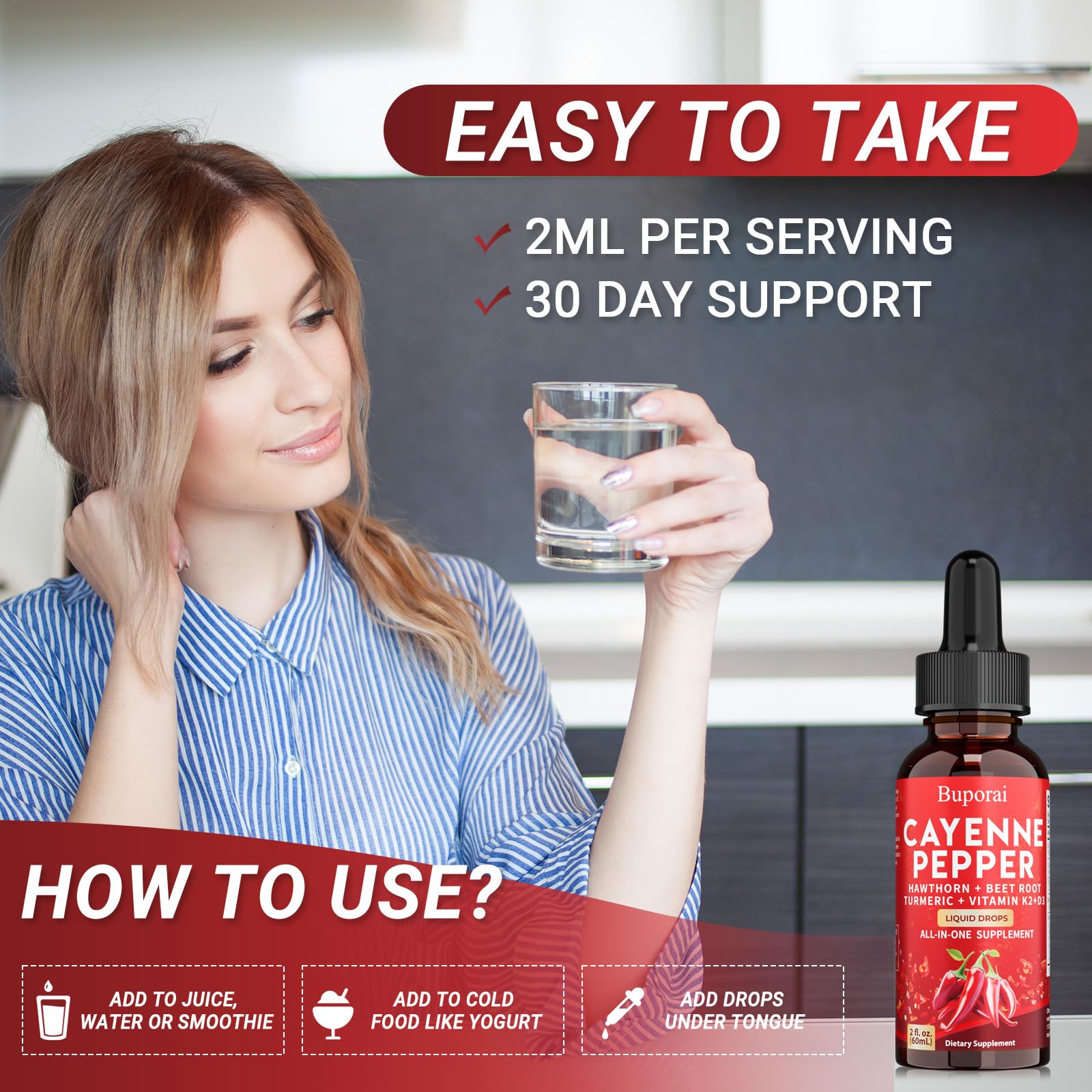 Buporai Cayenne Pepper Drops, Cayenne Pepper Extract Liquid Supplement for Overall Well-Being, 2 fl oz, Vitamin D3 K2 Beet Root Powder BuporaiAu supplements
