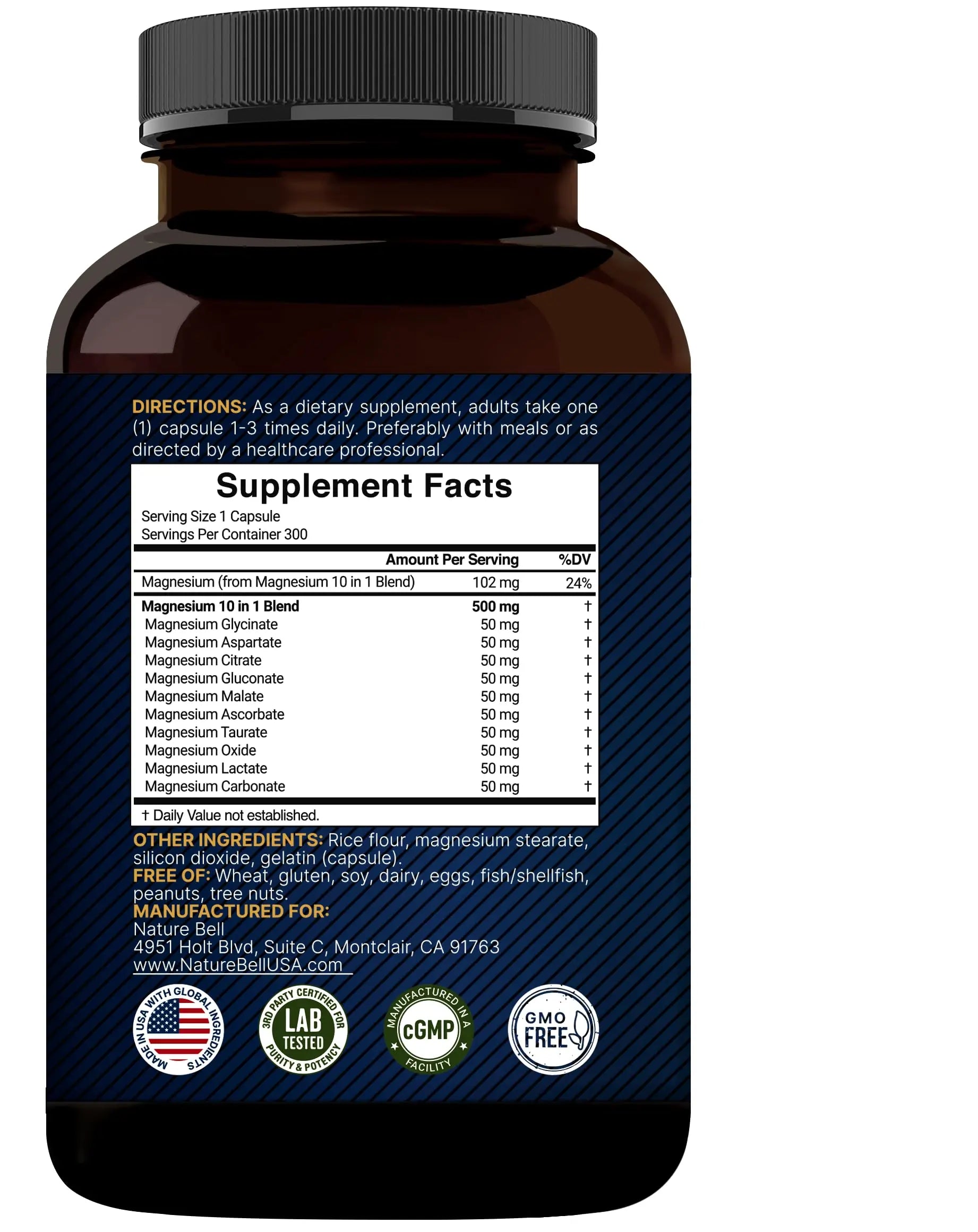 Magnesium Complex 500mg, 300 Capsules | 10-in-1 Magnesium Glycinate, Citrate, Malate & More | Chelated Form for Easy Absorption | Non-GMO NatureBellnz supplements