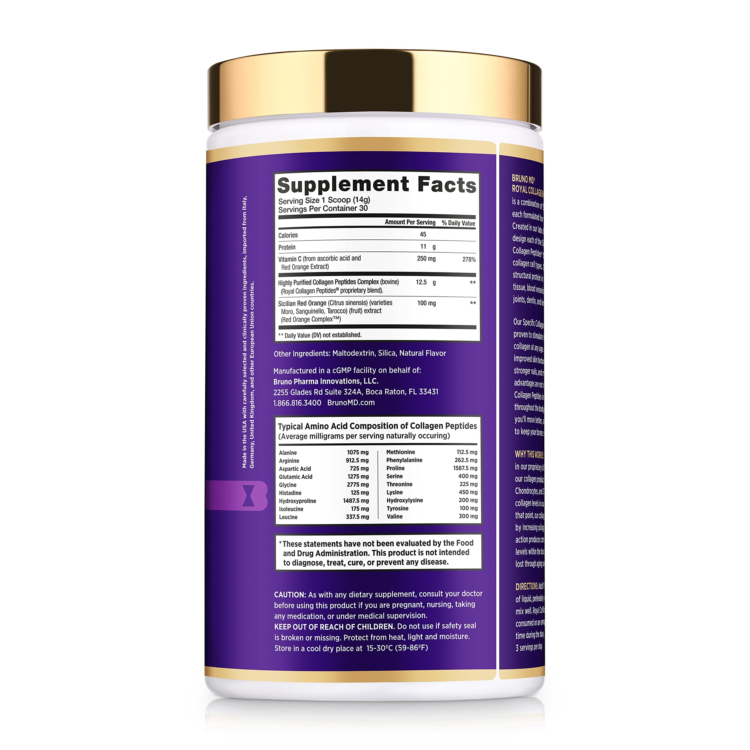 Bruno MD Royal Collagen Peptides, Clinically proven, Dietary Supplement, Improves Skin & Cellulite, European Sourced, Improves the Look of Hair & Nails, Blended with Vitamin C, Bone & Joint Supplement BRUNO MDAu supplements