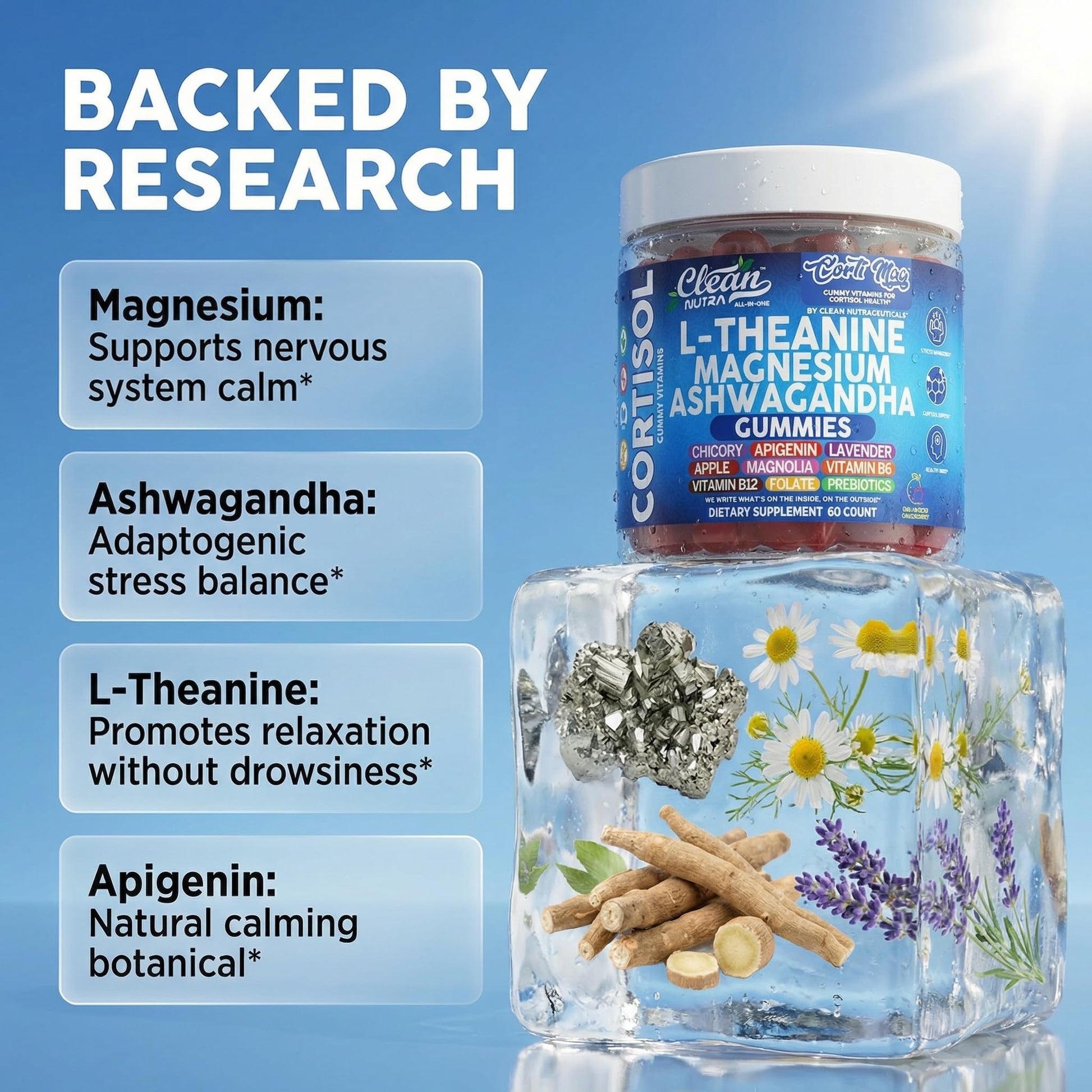 Clean Nutra Cortisol Supplement Gummies L-Theanine Magnesium Ashwagandha Apigenin Vitamin B6 Sleep and Calm Support Lavender Chicory Prebiotic Advanced Gummy Formula Clean NutraceuticalsAu supplements