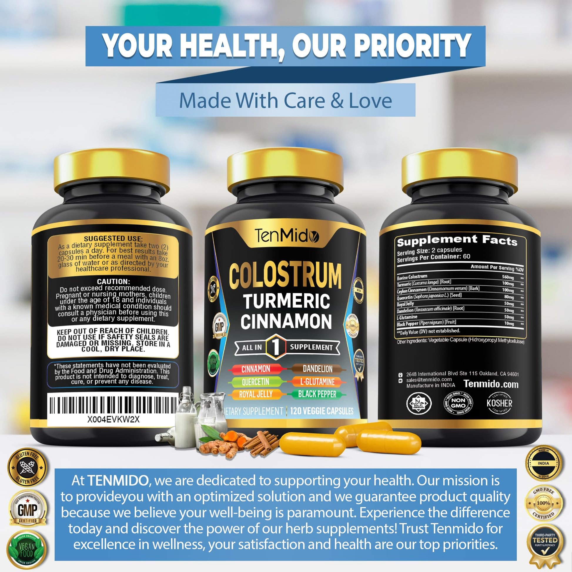 Tenmido Colostrum Supplement - 8in1 Formula - Combine with Turmeric, Ceylon Cinnamon, Quercetin, Royal Jelly, Dandelion, L- Glutamine, and Black Pepper - Digestive Health Support - 120 Capsules TenmidoAu supplements