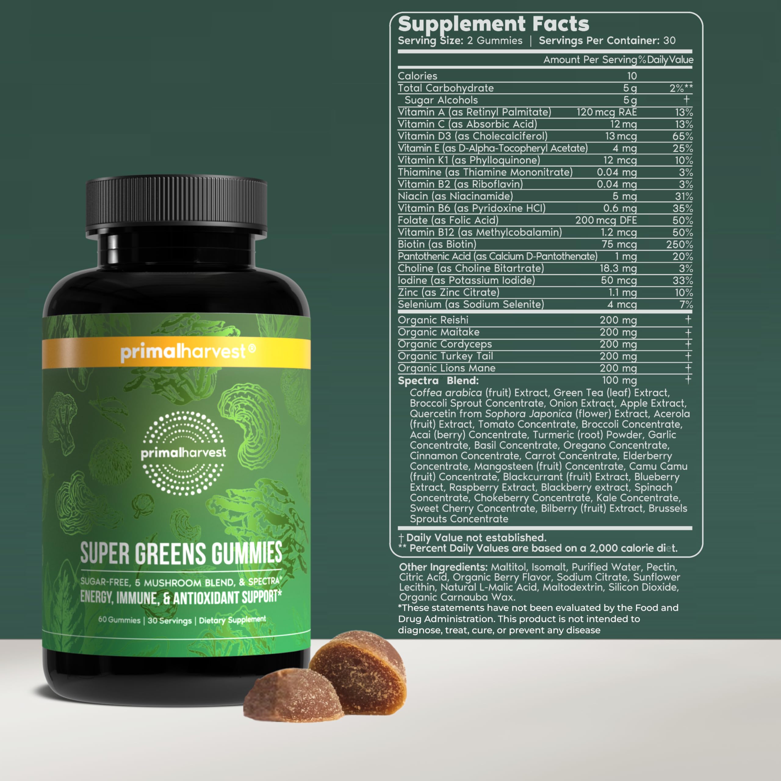 Primal Harvest Super Greens Gummies, Superfood Blend with Adaptogenic Mushrooms Vitamins & Nutrient-Rich Minerals & Antioxidants for Energy & Immune Support 1 Pack 60 Count, Primal HarvestAu supplements