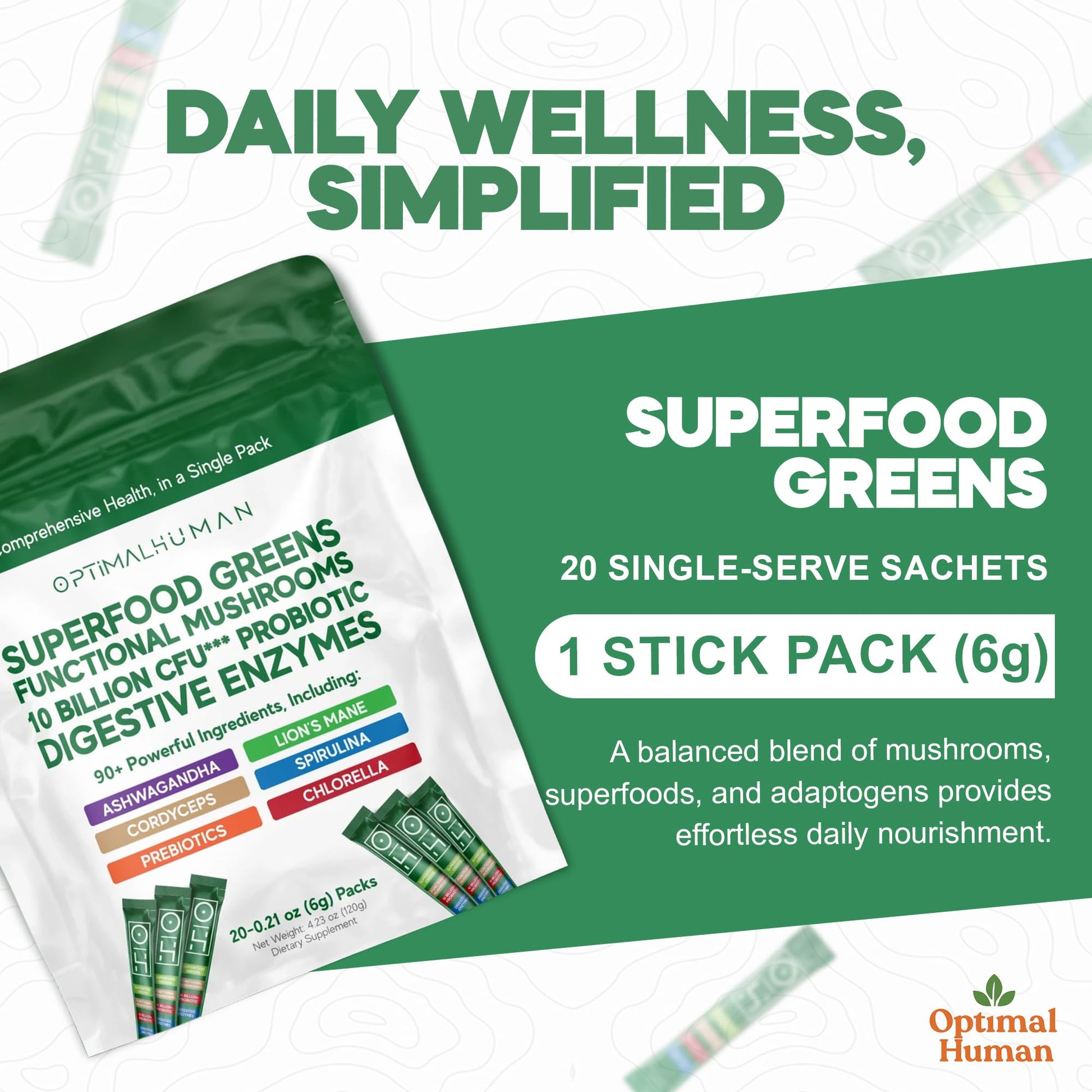 Optimal Human Superfood Greens Powder – 90+ Ingredient Blend with Lion’s Mane Supplement, Ashwagandha & Turmeric – Non-GMO, Soy-Free, Mushroom Supplements for Women – 20 Sachets O HAu supplements