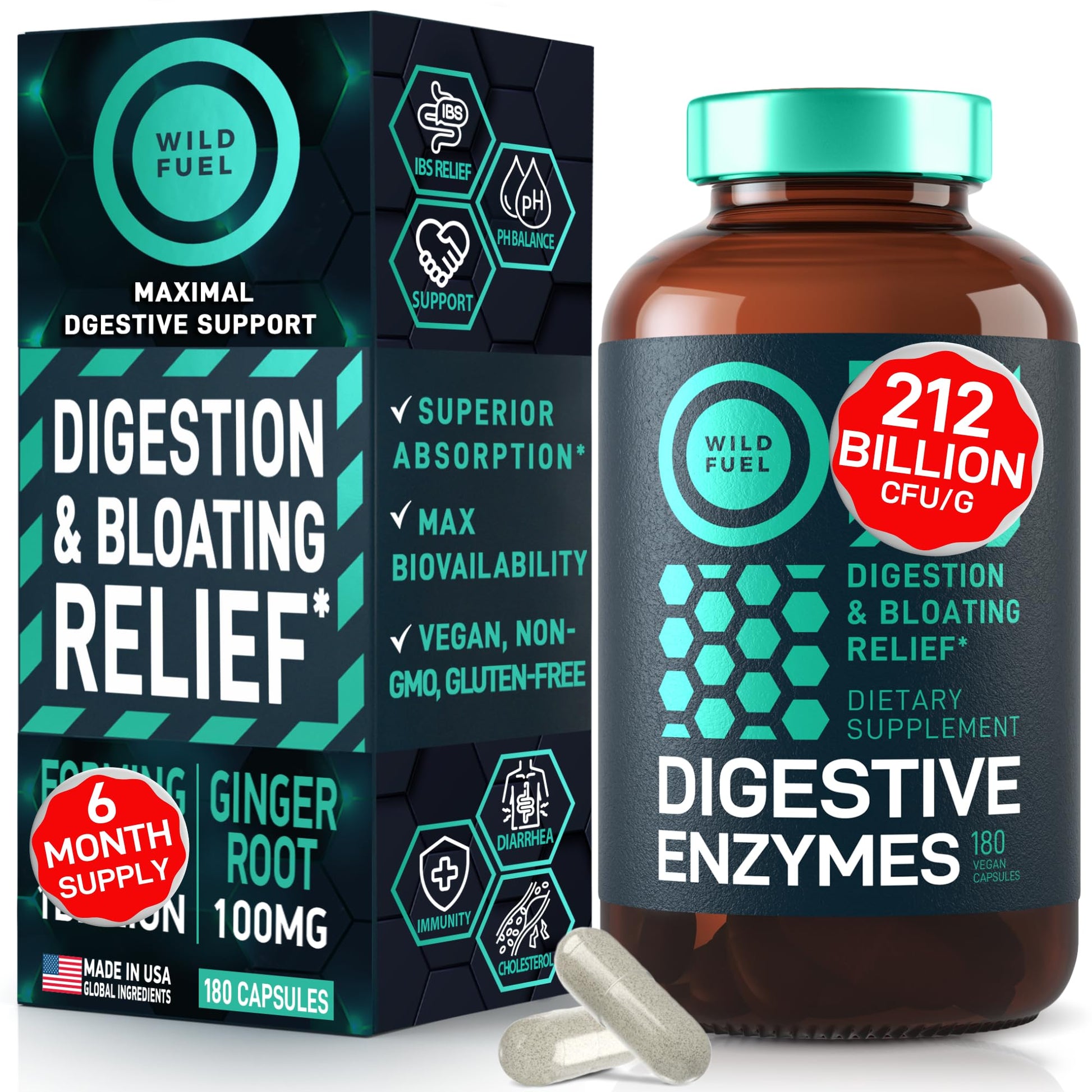 Digestive Enzymes for Women and Men with Probiotics and Prebiotics - Vegan Digestive Enzyme Blend - Bloating Support, Gut Health & Digestion Supplement with Artichoke Ginger Turmeric - 180 Capsules WILD FUELAu supplements