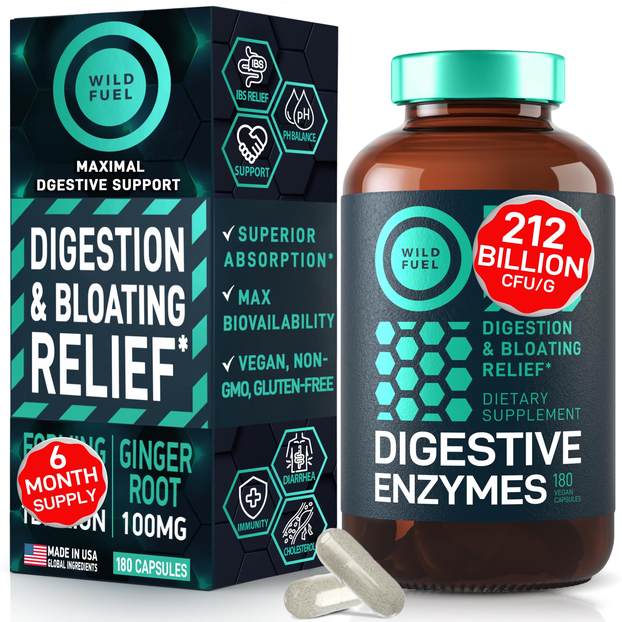 Digestive Enzymes for Women and Men with Probiotics and Prebiotics - Vegan Digestive Enzyme Blend - Bloating Support, Gut Health & Digestion Supplement with Artichoke Ginger Turmeric - 180 Capsules WILD FUELAu supplements