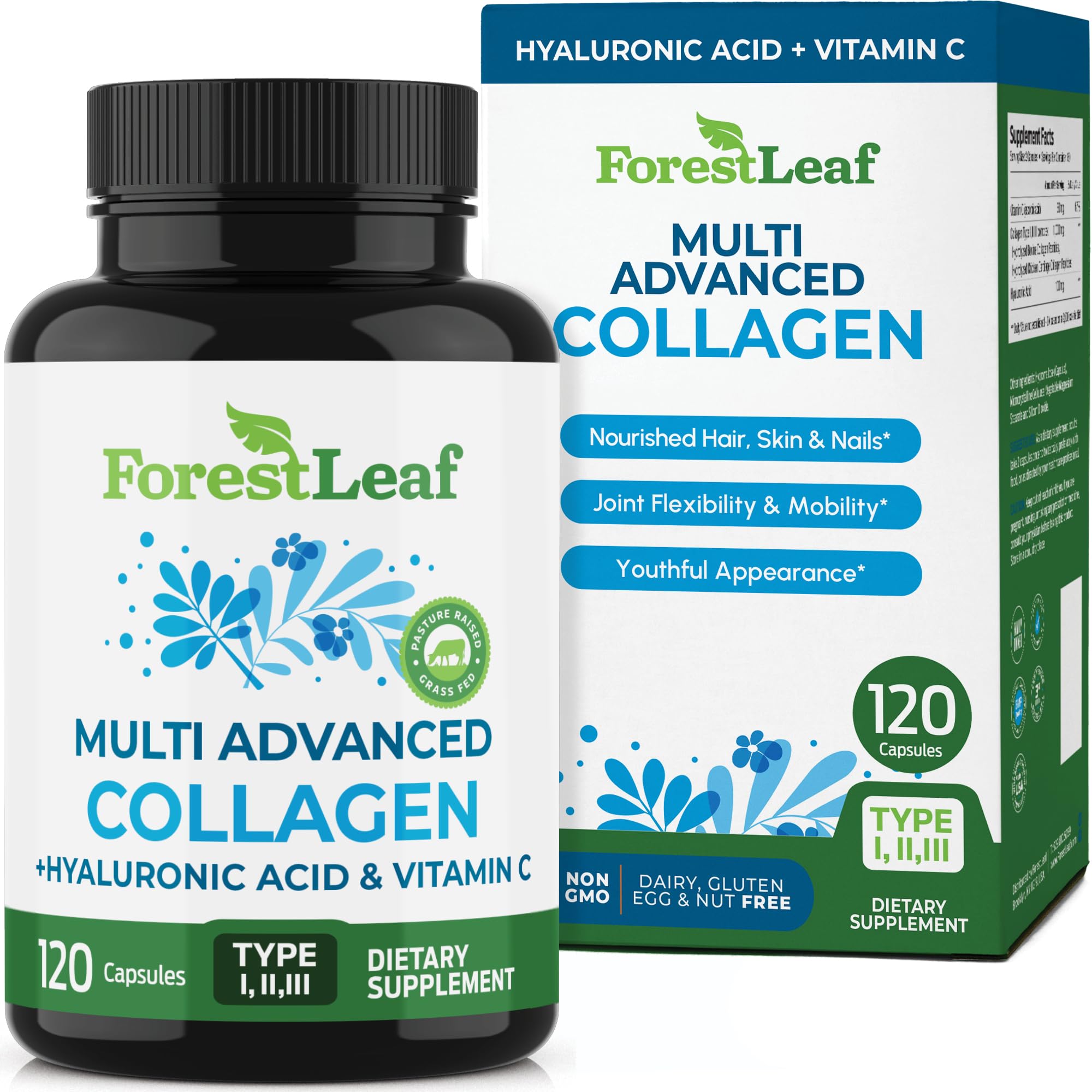 ForestLeaf Multi Collagen Pills with Hyaluronic Acid + Vitamin C | Hydrolyzed Collagen Supplements for Women or Men | Multi Collagen Capsules Peptides for Skin, Wrinkles, 120 Caps ForestLeafAu supplements
