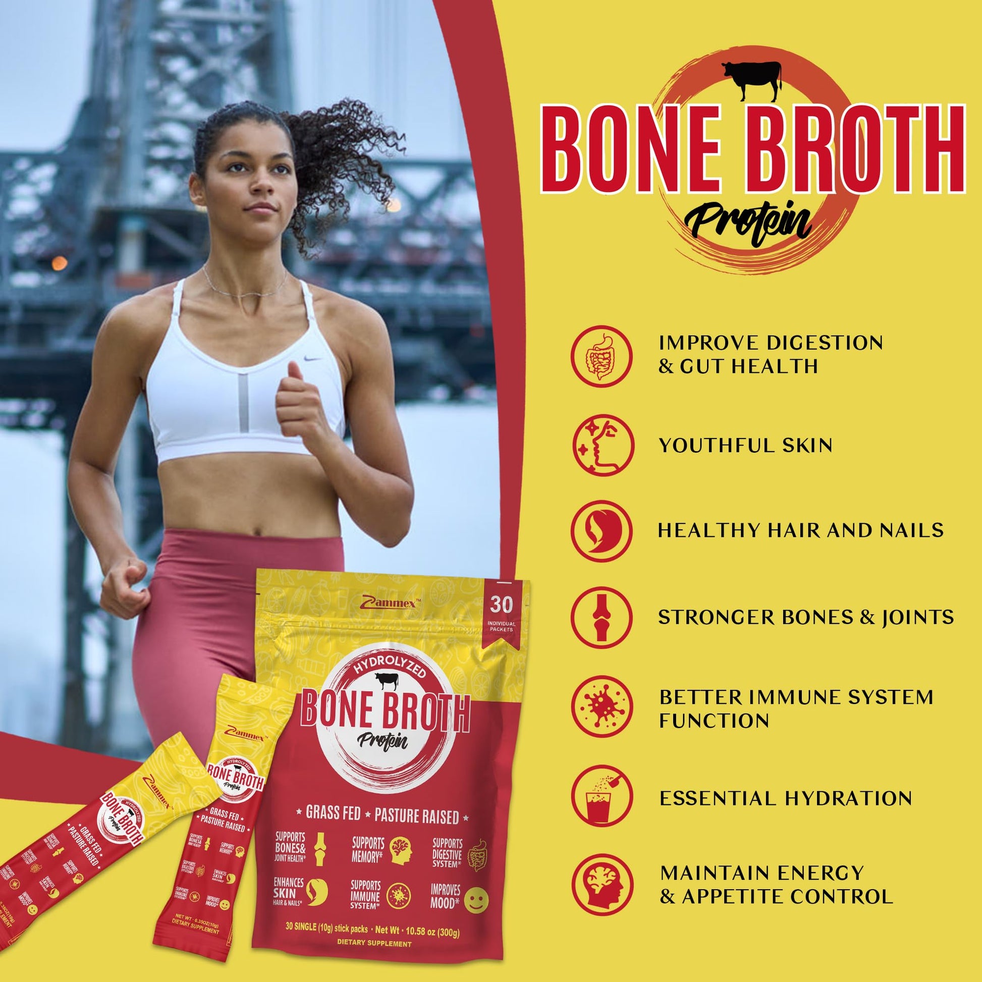 Zammex Bone Broth Packets-20g Collagen Protein-Beef Bone Broth Powder to Go-30 Travel ZammexAu supplements