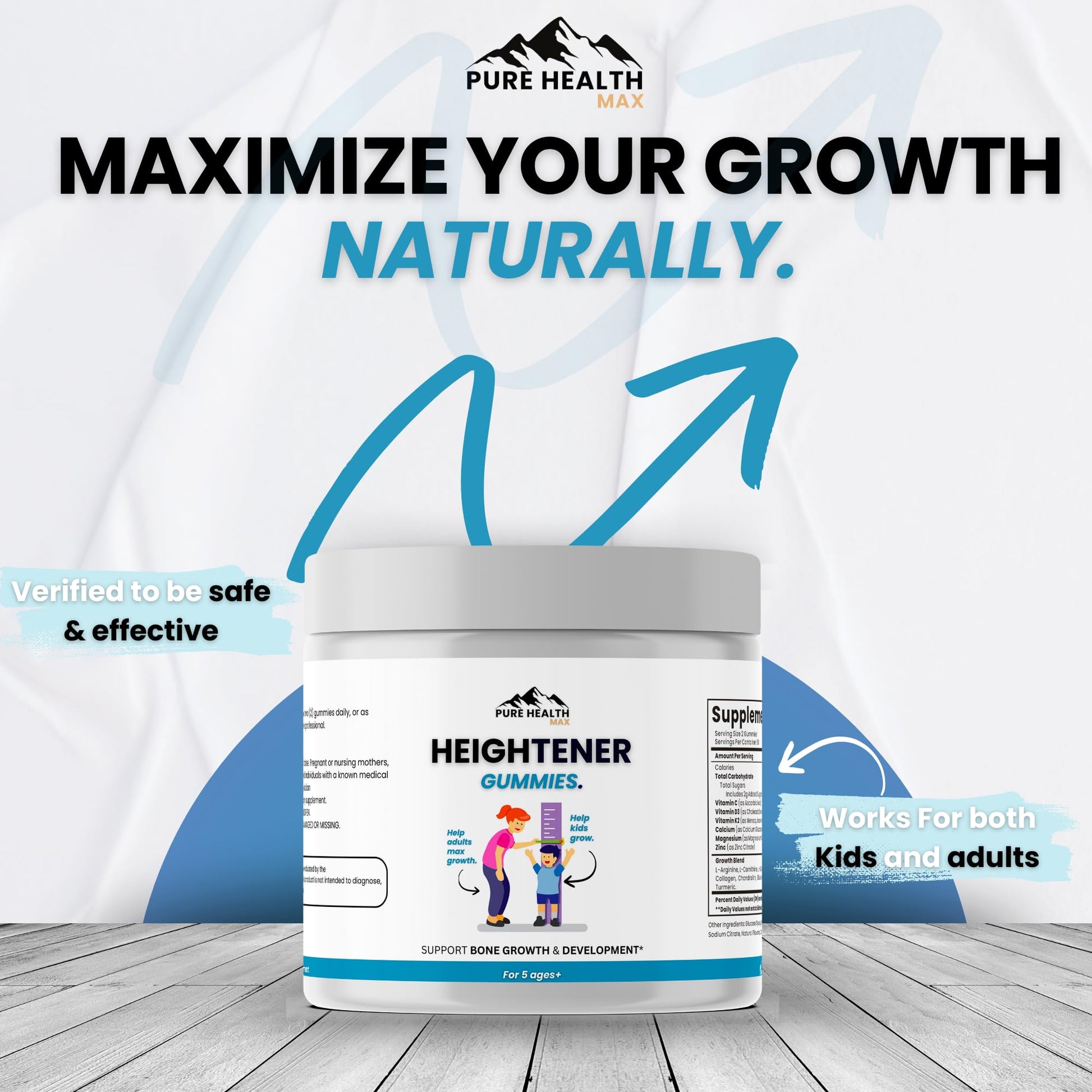 Heightener Gummies - Natural Height Growth Supplement for Kids, Teens and Adults to Increase Bone Strength and Grow Tall | Height Maximizer Pills with L-Arginine, Calcium & Zinc | 60 Gummy PURE HEALTH MAXAu supplements